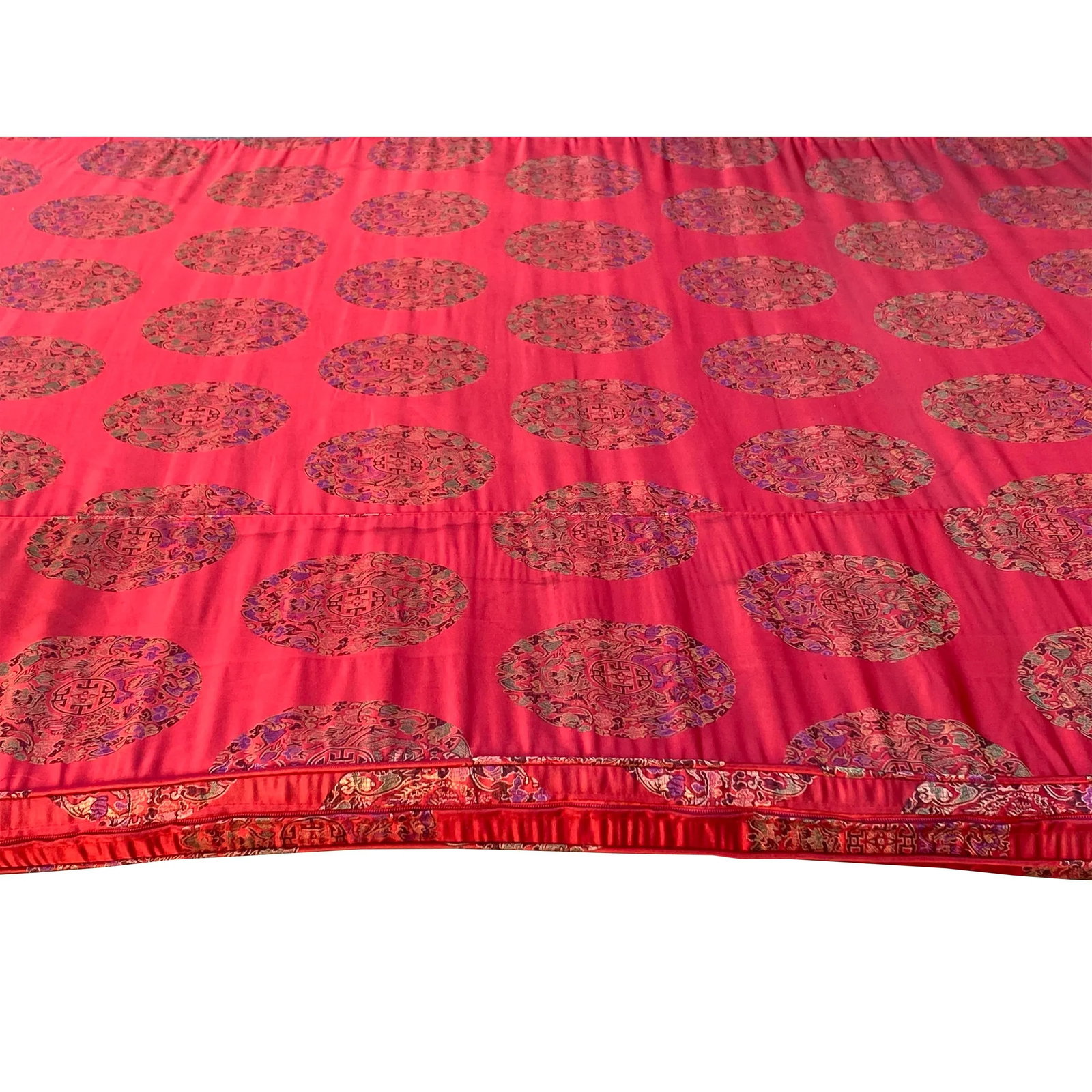 Chinese Oriental Red Silk Fabric Rectangular Long Seat Cushion Pad - 6