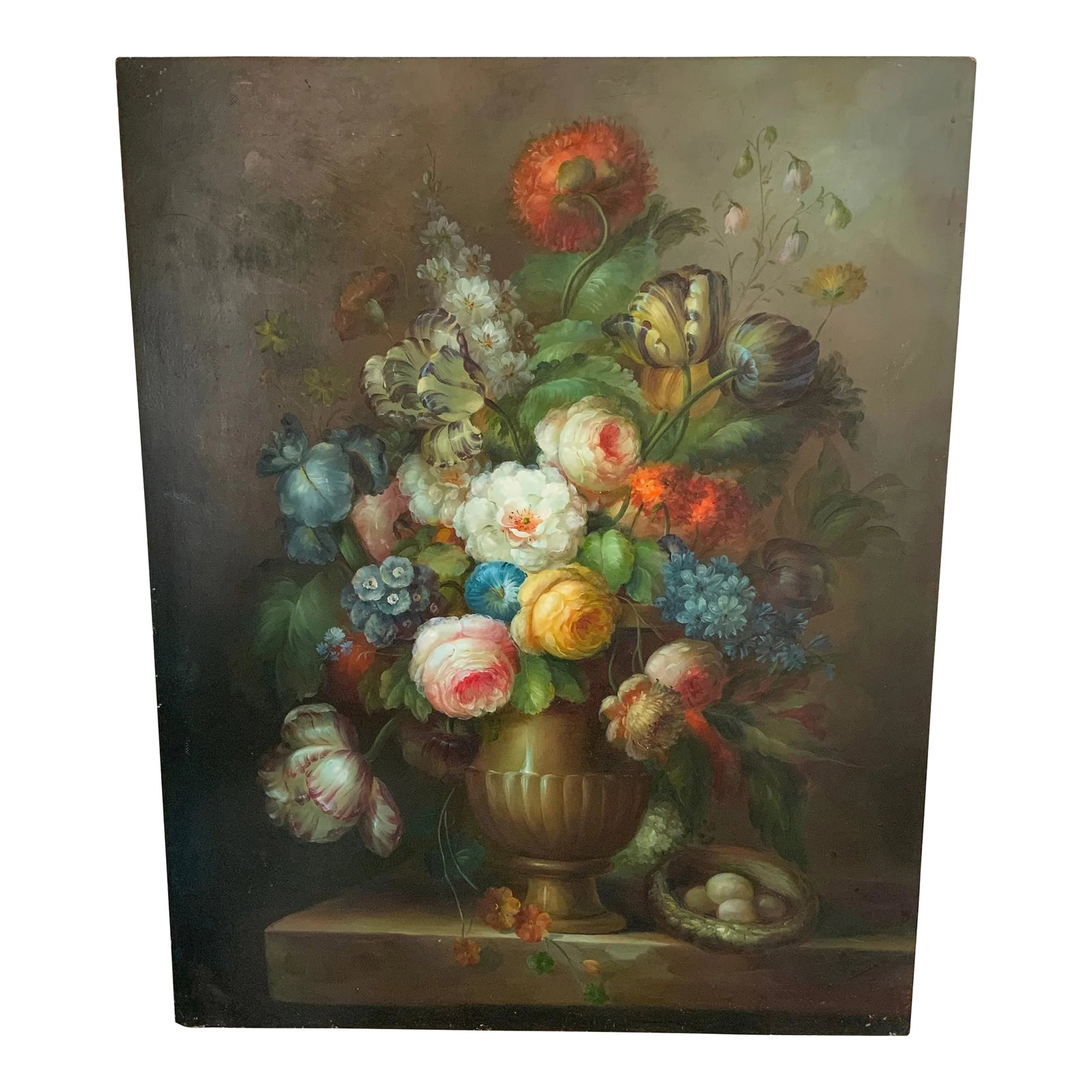 Vibrant Dutch Still Life Painting on Board: Stunning and colorful, this Dutch botanical painting on board will bring beauty to any room. Lovely shades of pink, white, red, orange and blue flowers bring vibrancy to this still life, which also