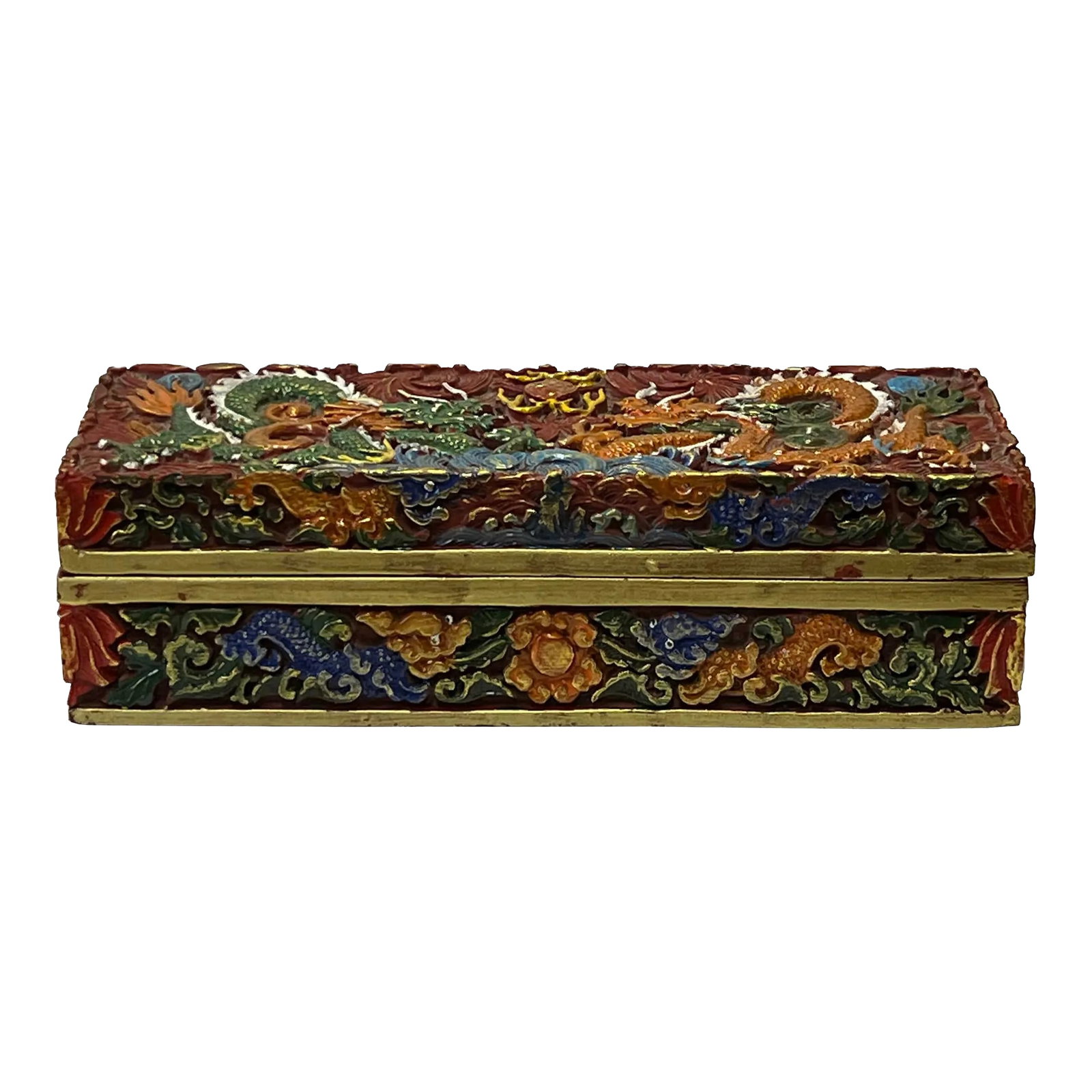 Chinese MIX Color Red Resin Lacquer Dragons Box Display Art: This is a handmade Chinese accent decorative box ( in a rectangular shape ) made of resin lacquer mixed material. The surface is carved with a relief pattern of oriental flower and dragons pattern. Di
