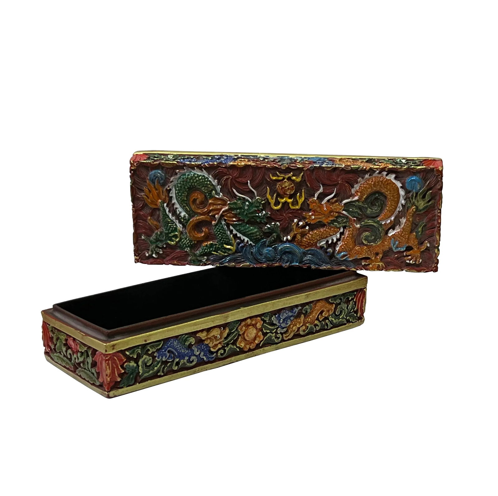 Chinese MIX Color Red Resin Lacquer Dragons Box Display Art - 4
