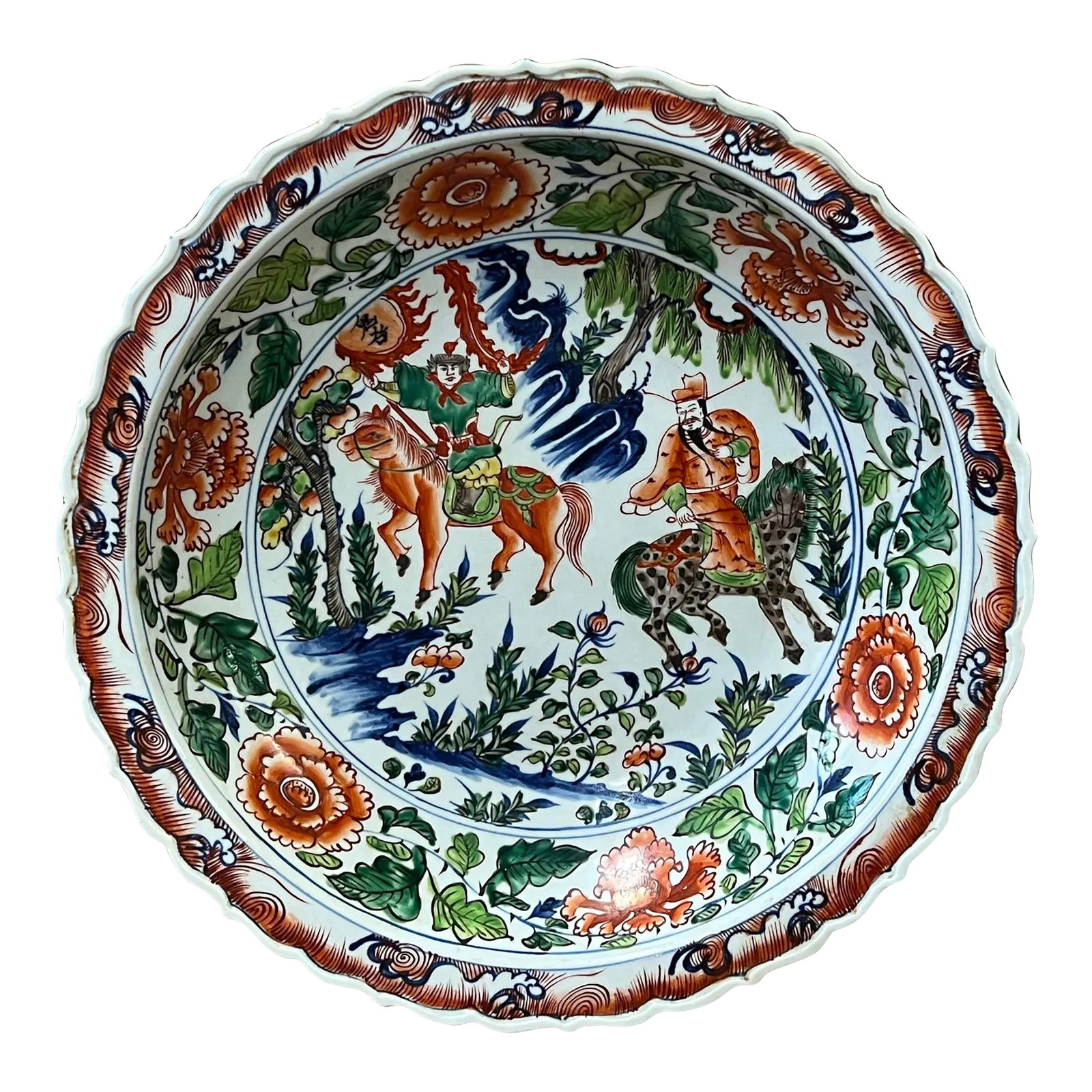 Chinese Orange White Porcelain People Scenery Display Charger Plate: This handmade porcelain charger plate is a beautiful and unique piece of art. The white base color is contrasted with the vibrant orange and green of the hand-drawn oriental people riding horses and