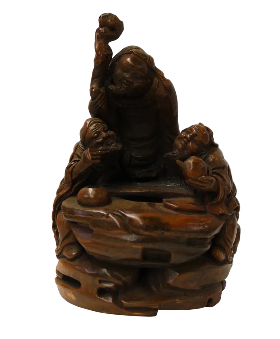 Chinese Bamboo Carved Sculpture: This is a collectible and decorative oriental sculpture depicting 3 old men figure carved from a natural bamboo plant. There are precise details on the facial expression. Dimensions: Dia 5" x 8"