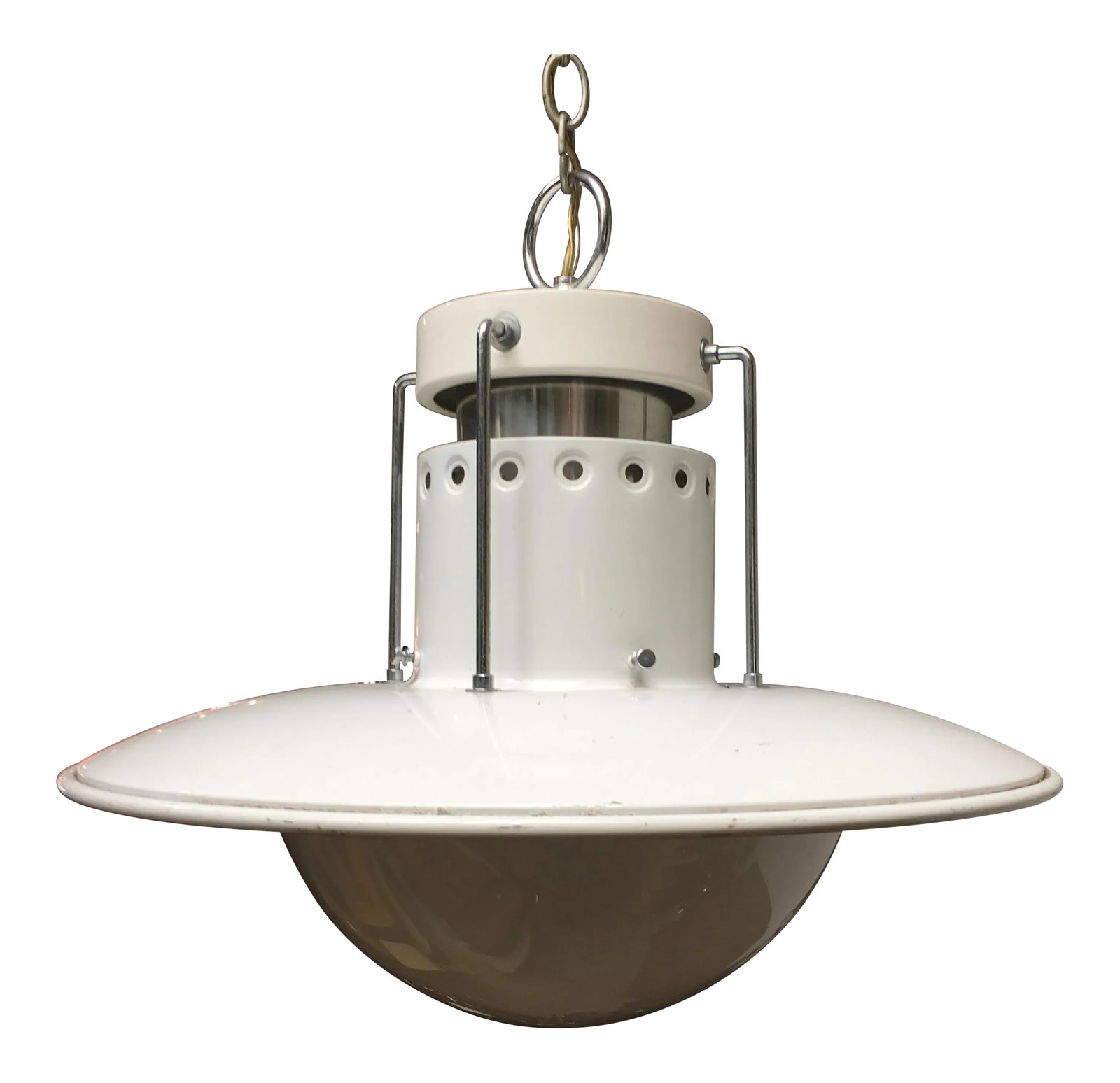 1980s Forecast Lighting Postmodern Pendant Chandelier, Los Angeles, White & Chrome: A striking postmodern pendant light by Forecast Lighting of Los Angeles, a respected manufacturer known for producing high-quality architectural and custom lighting during the late twentieth century.