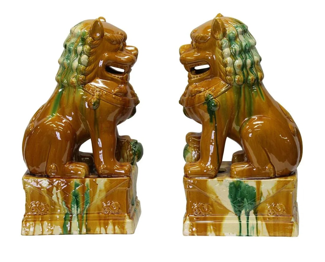Chinese Brown Glazed Ceramic Foo Dogs - A Pair - 3