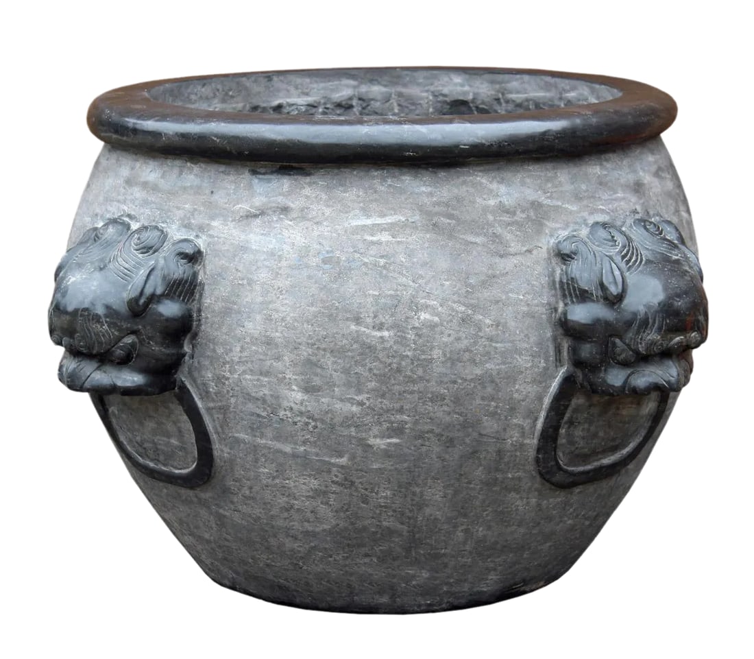 Chinese Gray Stone Planter: This is a Chinese stone carved round water pot/planter in gray black color. The rim and foo dogs heads are in darker blackish tone. It is a special entrance or garden decorative pot for plant , water