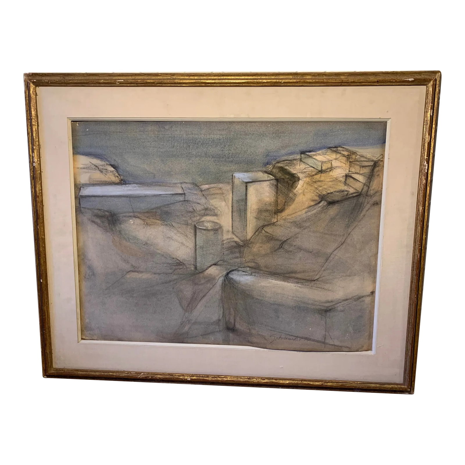 1980s Kraushaar Galleries New York Vintage Mixed-Media Drawing: Watercolor and charcoal artwork of geometrical shapes against mountain landscape. Set in gilt wood gold frame with ivory matt board. Condition: Alterations: Original Condition Unaltered