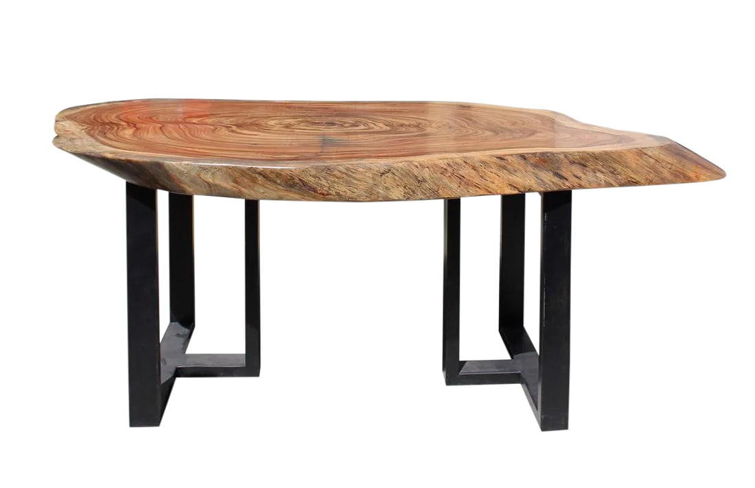 Raw Wood Plank Uneven Shape Metal Base Desk: This is a polished uneven shape raw wood plank table / desk with black color metal base. The surface shows the wood tree stem diagram pattern. It can be a dining table with two benches or a unique