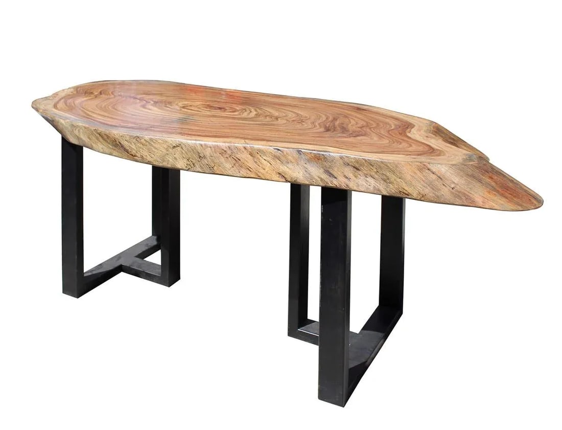 Raw Wood Plank Uneven Shape Metal Base Desk - 3