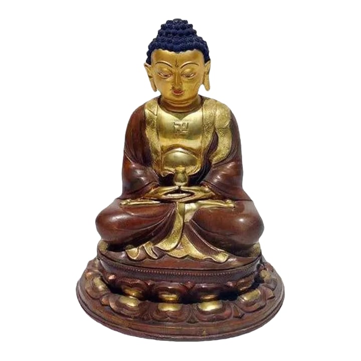 Serene Seated Gilt-Bronze Figure Amitabha Statue: This serene gilt-bronze figure of the Amitabha statue is seated in Dhyanasana on a lotus throne wearing flowing robes, with hand holding a holy vase. Amitabha, in Chinese word