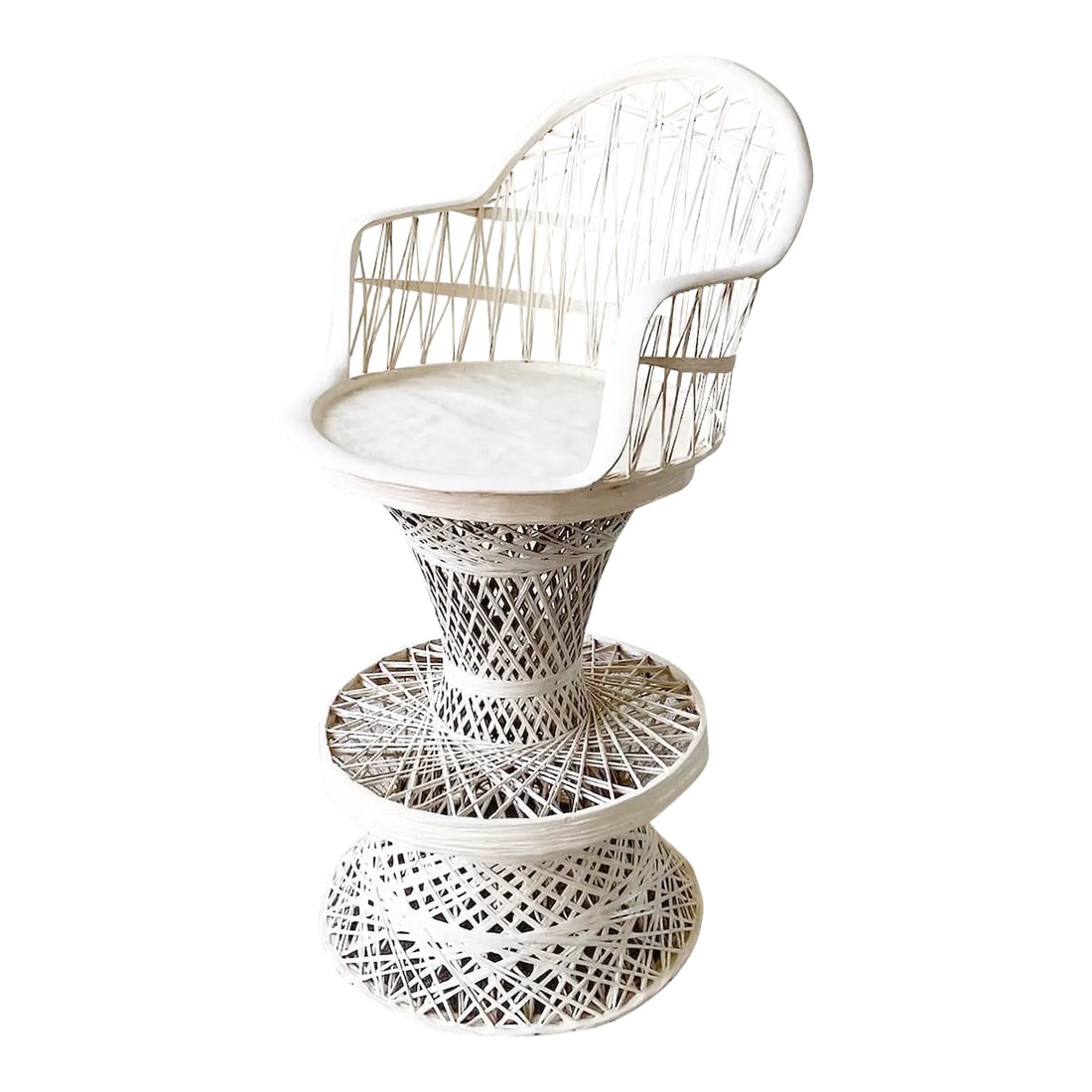 Mid Century Modern Russell Woodard Spun Fiberglass Swivel Stool: Amazing mid century modern spun fiberglass Russell Woodard stool. Features a swivel top with a woven frame. Condition: Alterations: Original Condition Unaltered Imperfections: Some Imperfections Condi