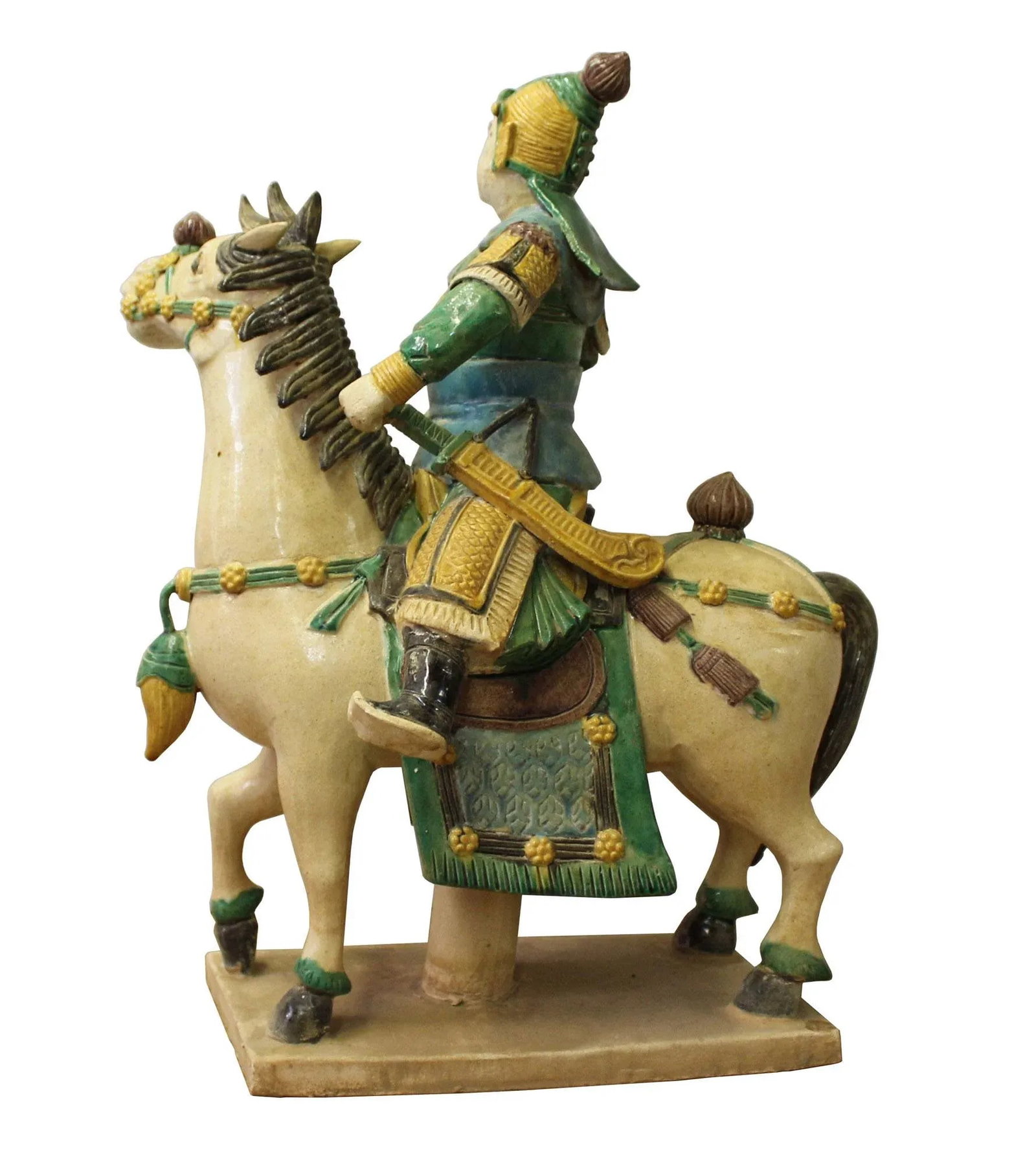 Chinese Vintage Handmade Ceramic Warrior On Horse Figure - 4