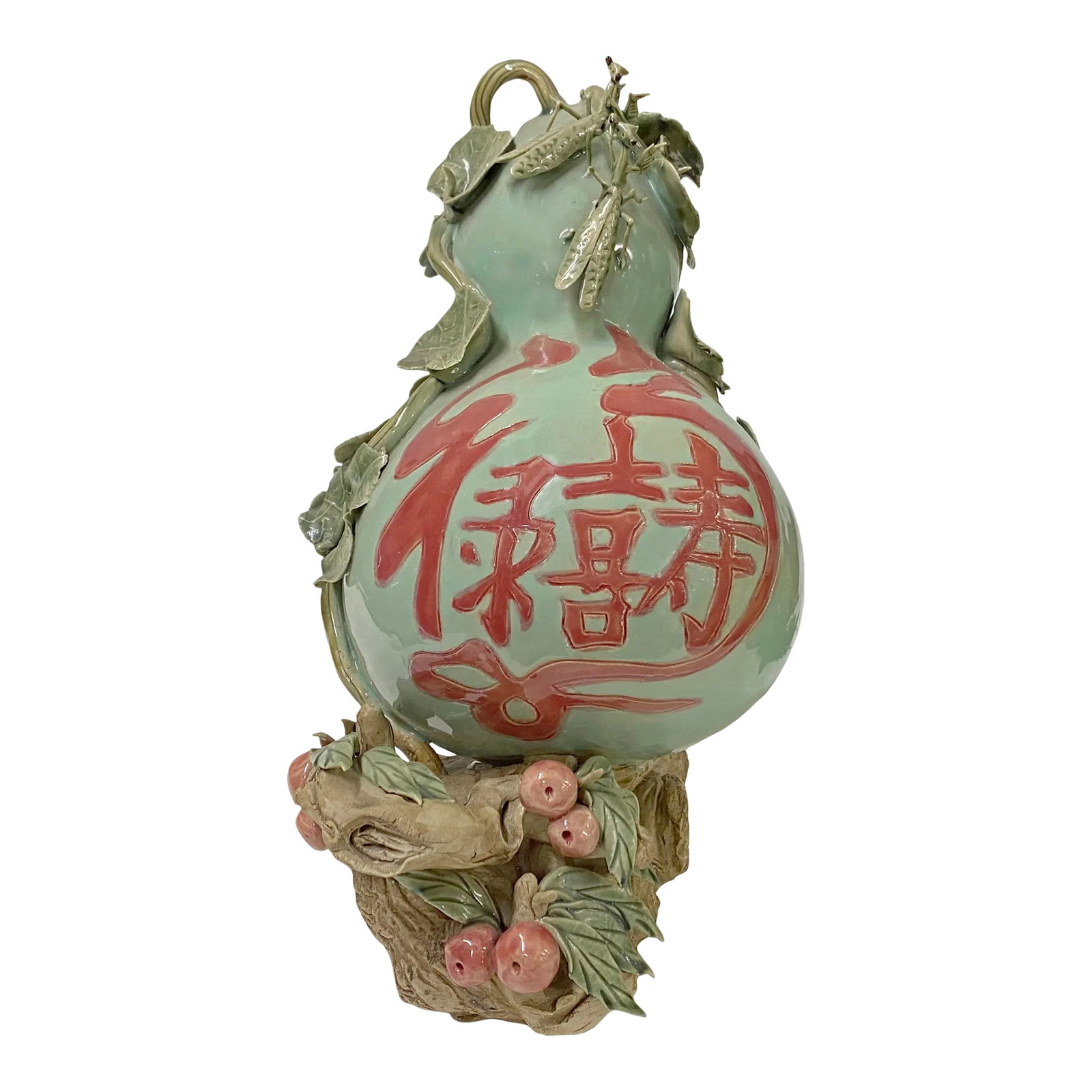 Handmade Light Green Ceramic Artistic Gourd Figure Display Art: This is an artistic light green color oriental gourd shape ceramic display figure. It has a very precise delicate details on the body. The red Chinese combined character means " Fok Lok Shou Happiness