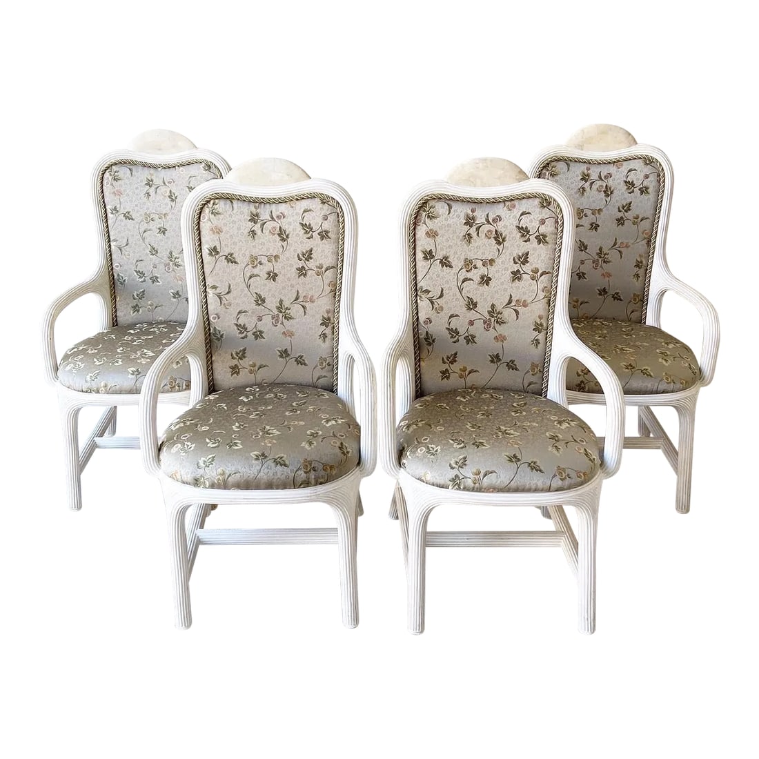 Boho Chic Pencil Reed and Tessellated Stone Dining Chairs: Wondrous set of four vintage boho chic Pencil red dining chairs. Each feature a white washed finish with green cushions and a tessellated stone accent in the top. Condition: Alterations: Original