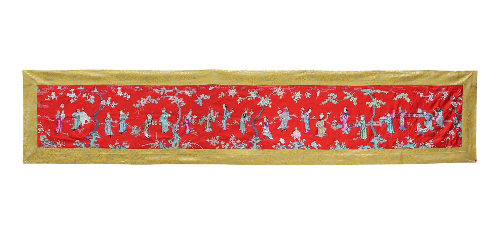 Vintage Chinese Hand Embroidery Long People Gather Scenery Wall Art: This is a nicely done hand embroidery of ancient Chinese people gathering scenery. It is a vintage piece with decent work on the details. It is good to be a wall art or a collection piece.
