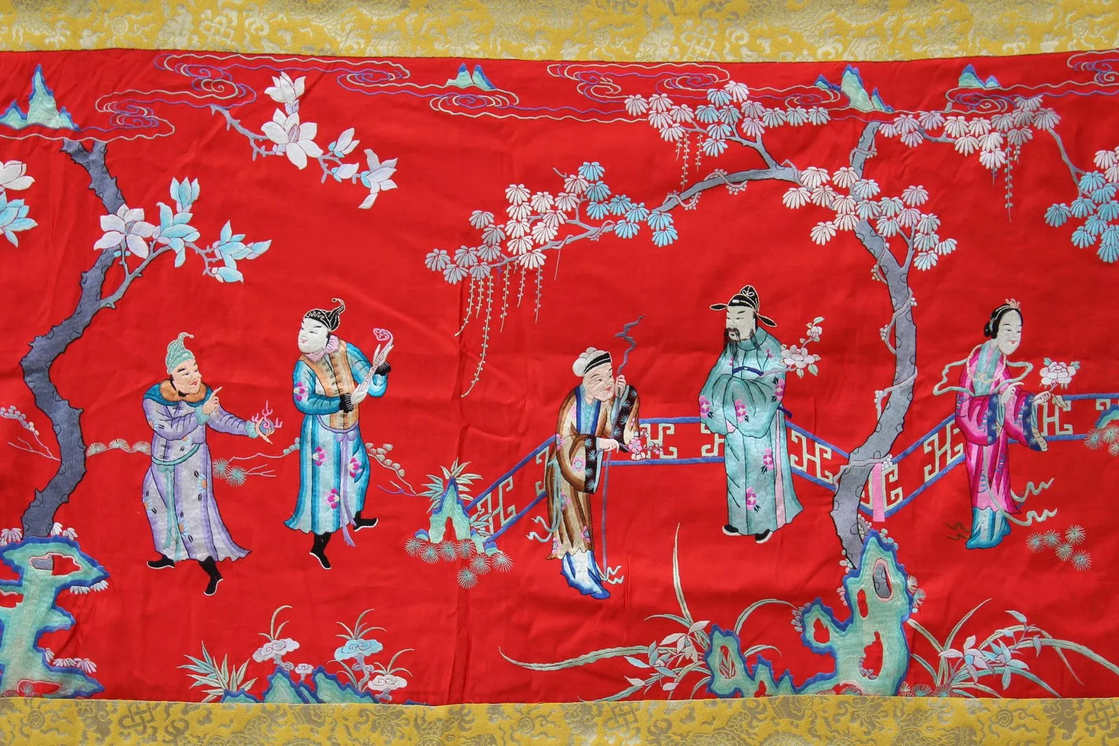 Vintage Chinese Hand Embroidery Long People Gather Scenery Wall Art - 3