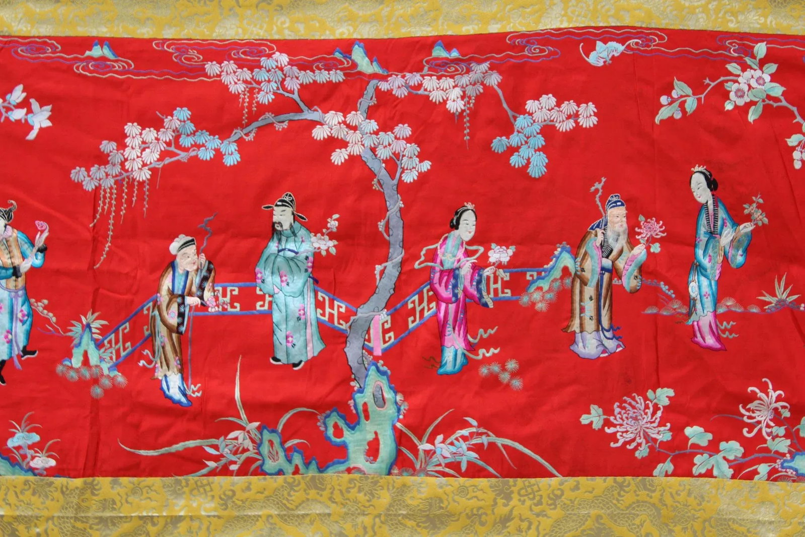 Vintage Chinese Hand Embroidery Long People Gather Scenery Wall Art - 4