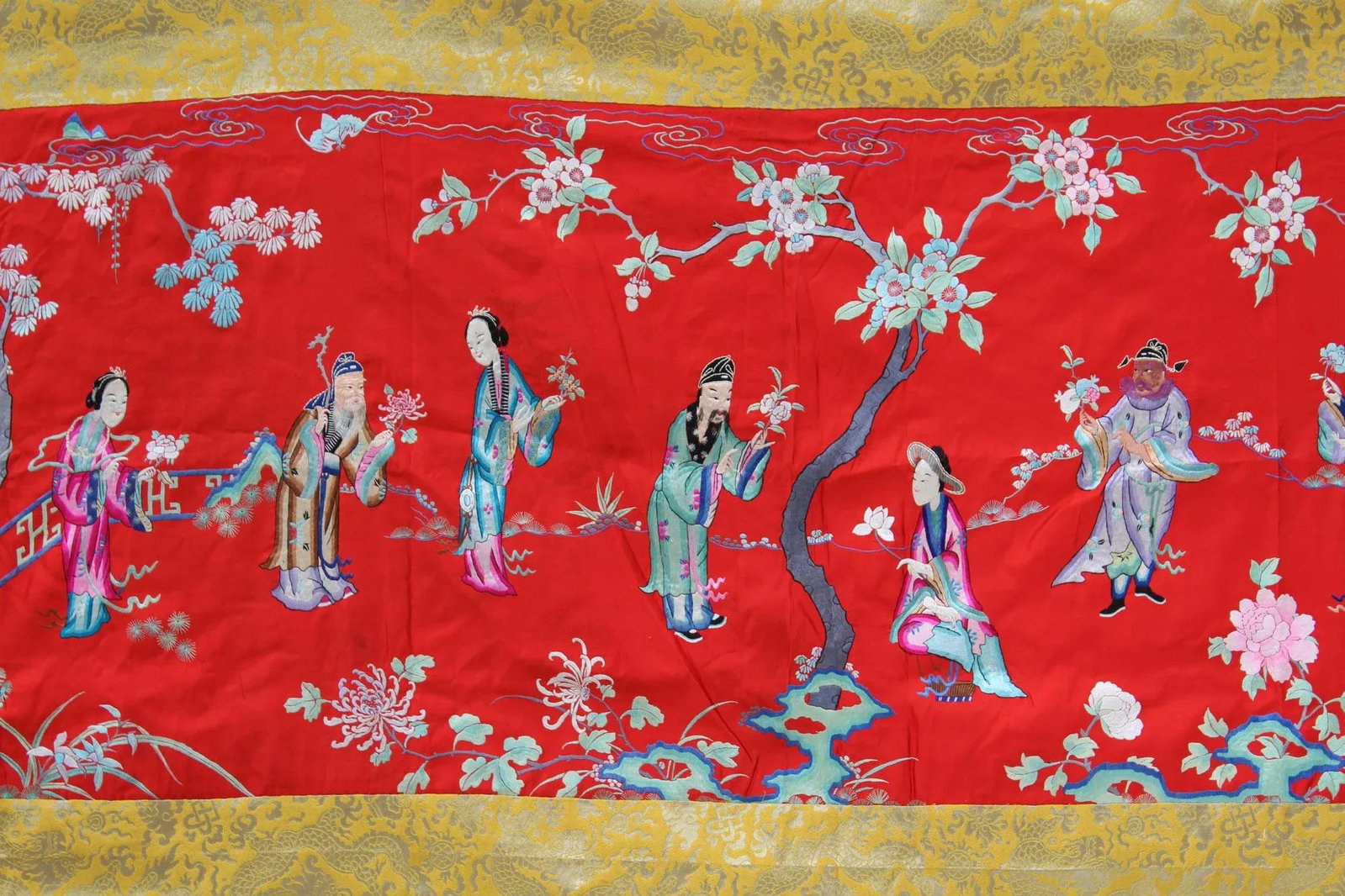 Vintage Chinese Hand Embroidery Long People Gather Scenery Wall Art - 5