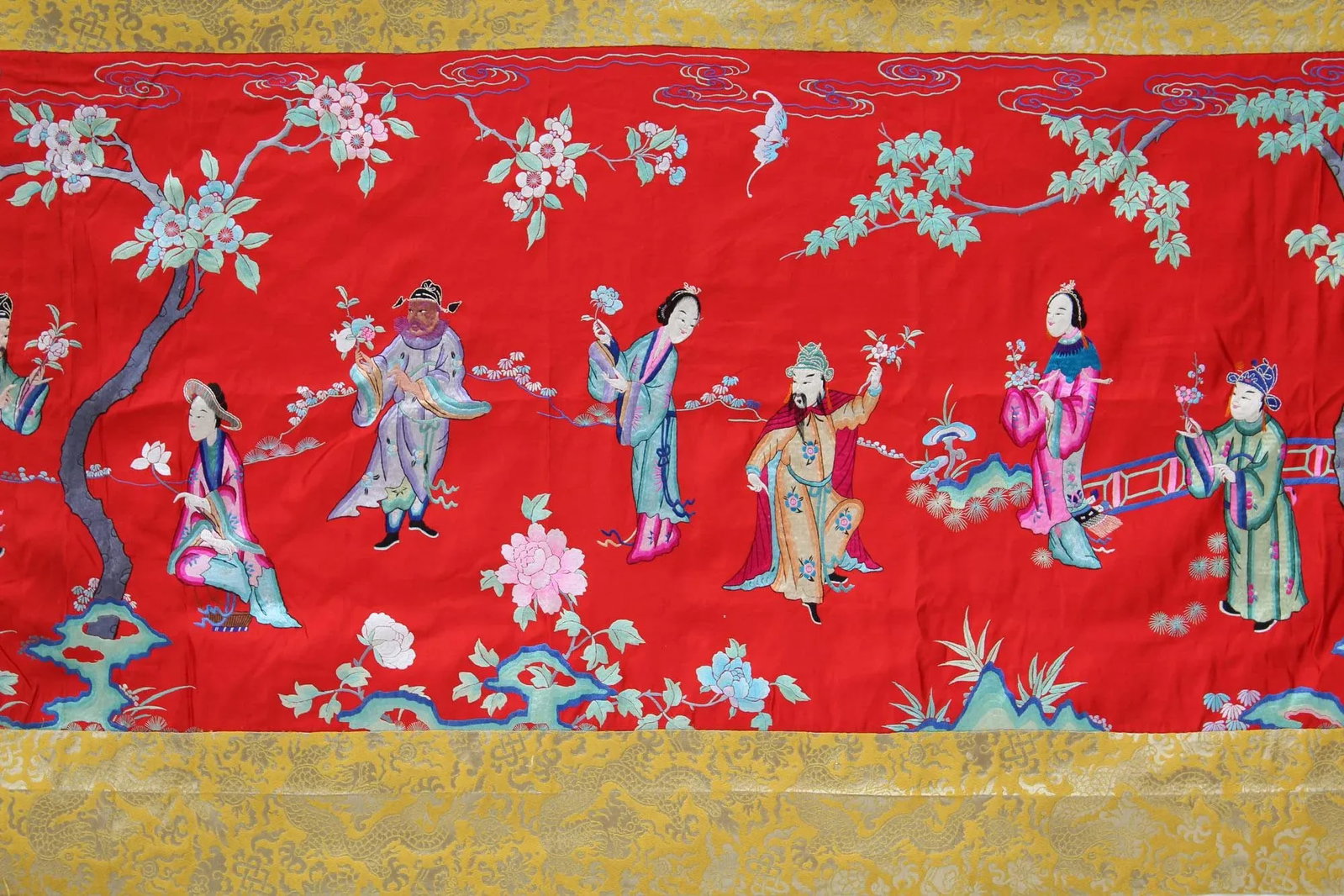 Vintage Chinese Hand Embroidery Long People Gather Scenery Wall Art - 6