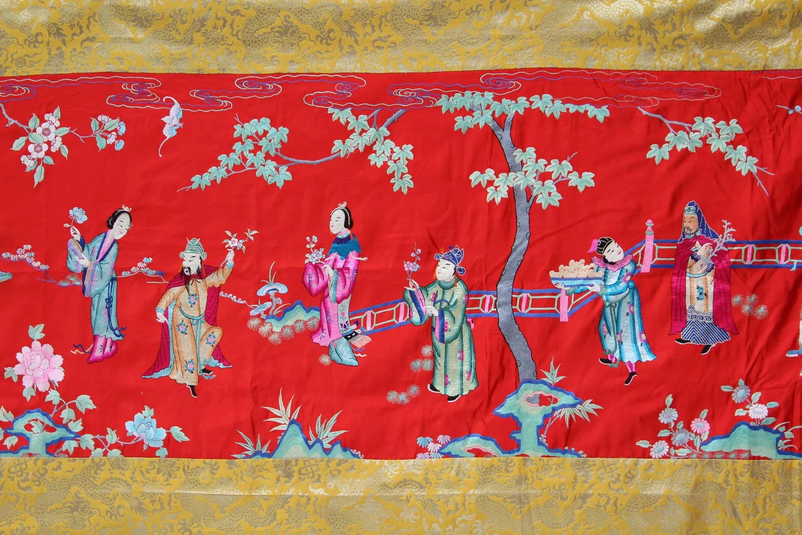 Vintage Chinese Hand Embroidery Long People Gather Scenery Wall Art - 7