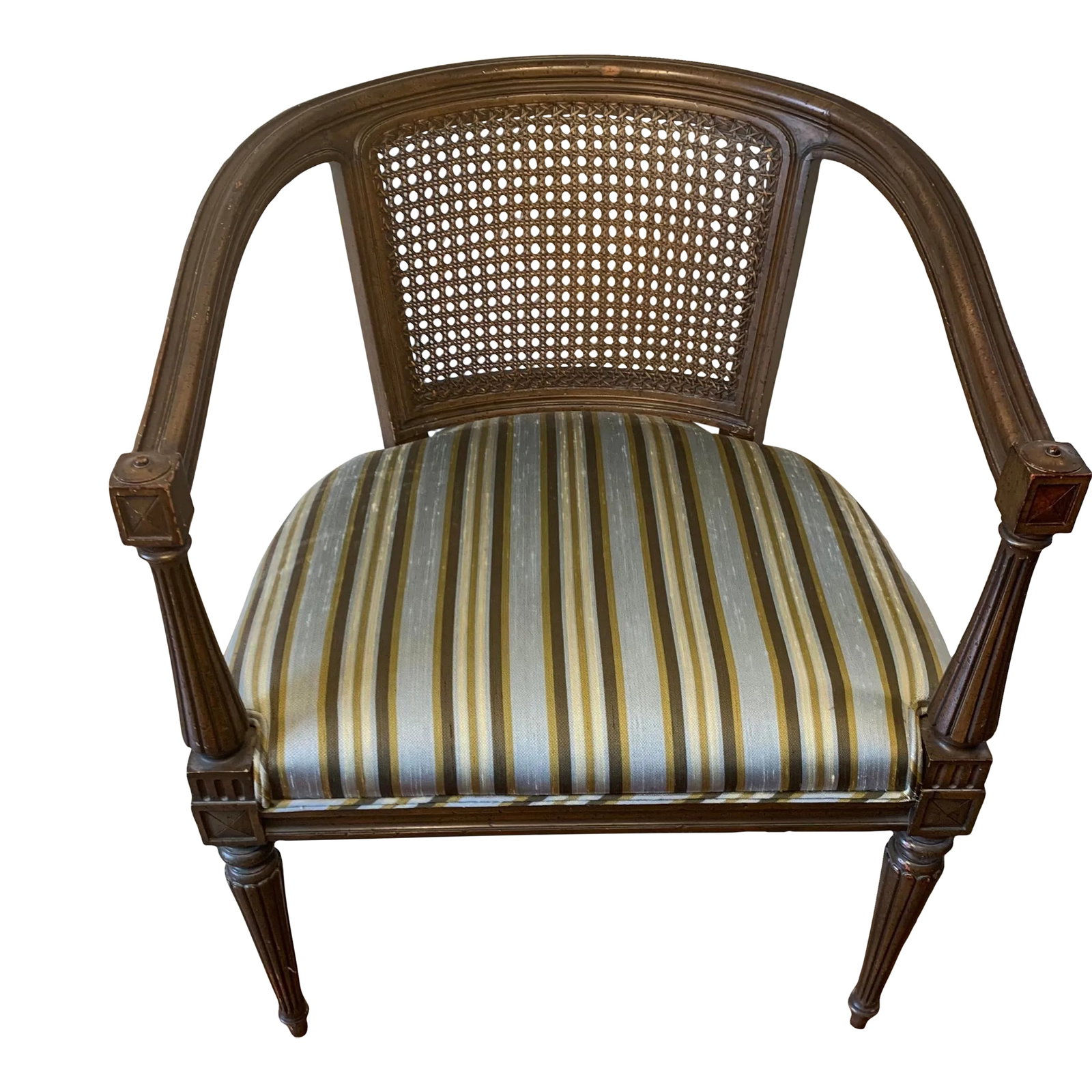 Vintage Cane Back Tub Chair: Vintage tub chair with cane back. Upholstered in striped colored silk. Condition: Alterations: Original Condition Unaltered Imperfections: Some Imperfections Condition Notes: Good Condition Materials