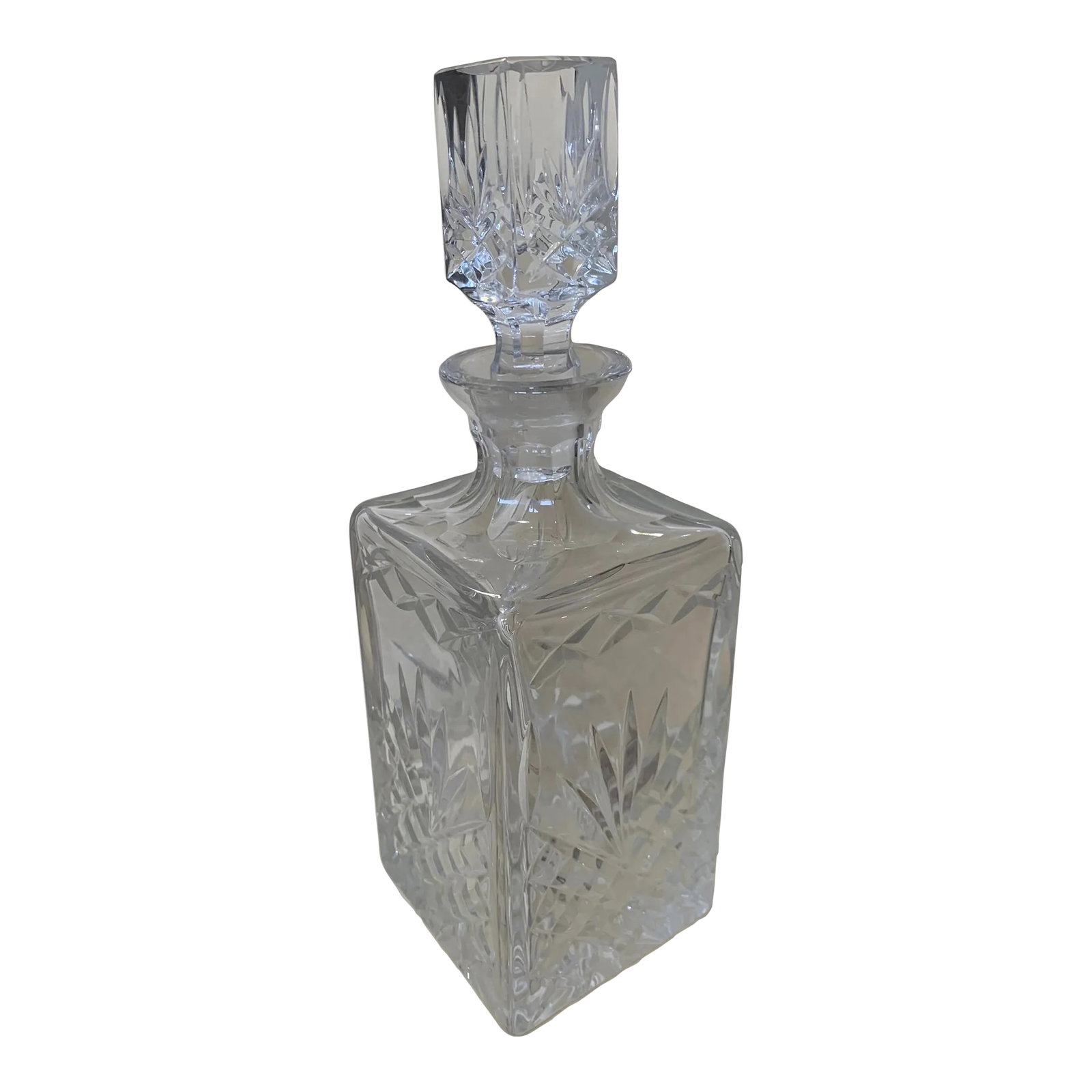 Mid 20th Century Vintage Cut Glass Decanter: Vintage Cut Glass Decanter with cut glass square stopper. Stopper dimensions are: 1.5"x 1.5" 4.5" Condition: Alterations: Original Condition Unaltered Imperfections: Some Imperfections Condition