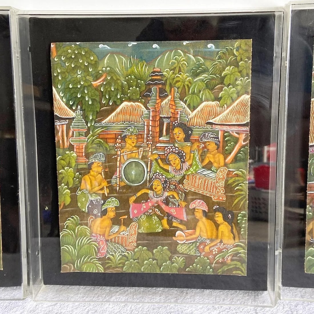 Vintage Balinese Paintings on Paper in Acrylic Frames - Set of 3 - 3