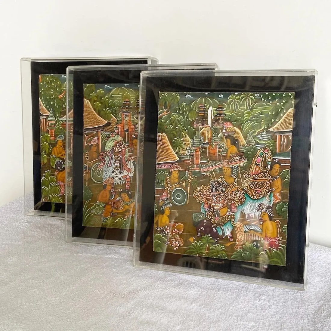 Vintage Balinese Paintings on Paper in Acrylic Frames - Set of 3 - 5