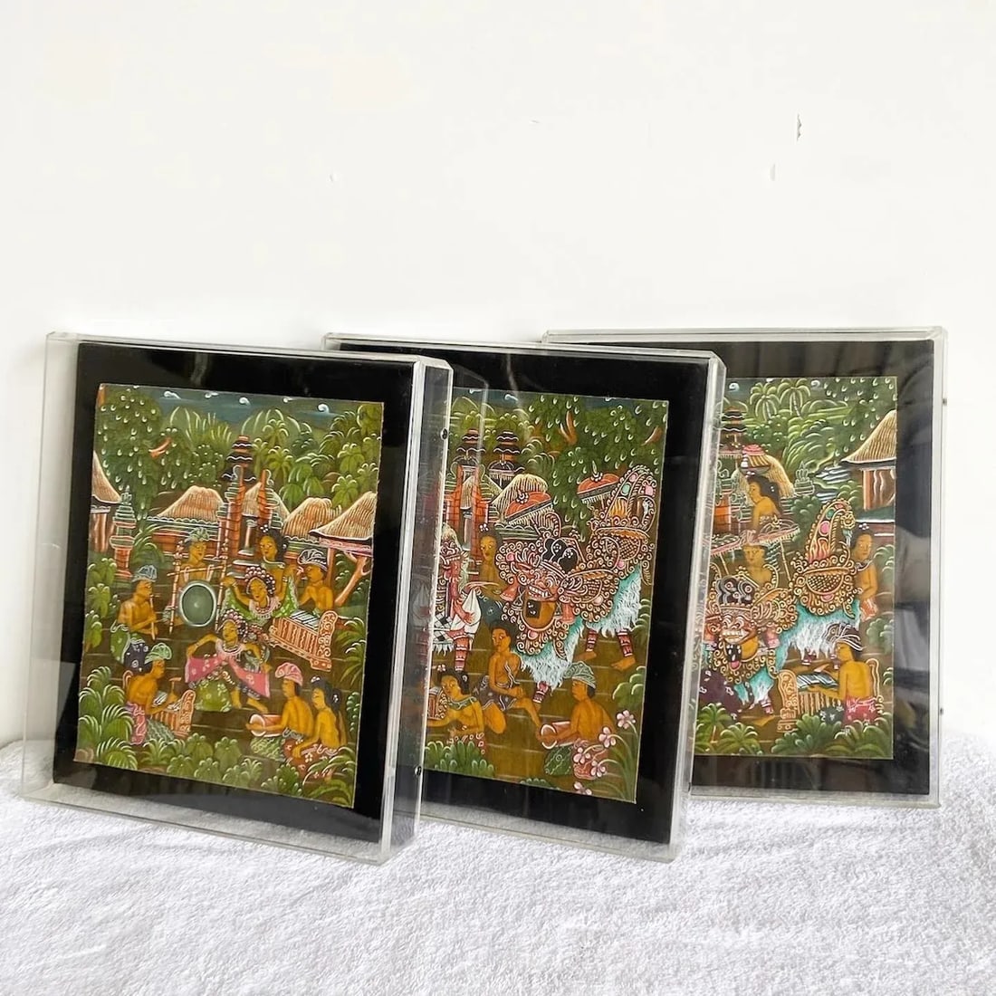 Vintage Balinese Paintings on Paper in Acrylic Frames - Set of 3 - 8