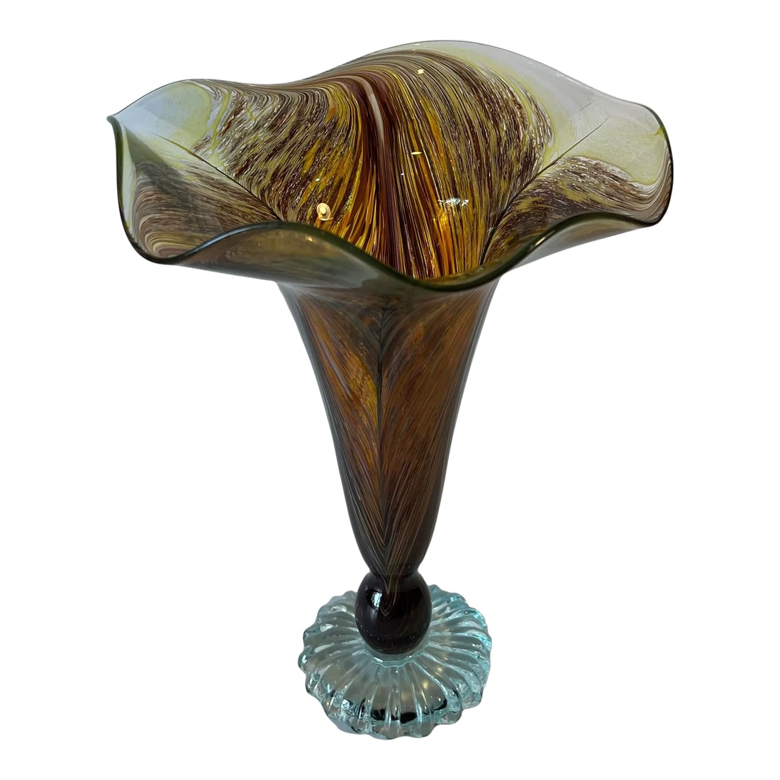 Signed Art Glass Aber Trumpet Vase: This captivating signed art glass vase, masterfully hand-blown using a mesmerizing blend of amber, brown, yellow, and orange glass. Its trumpet-shaped profile, has a delicately ruffled lip that gracef