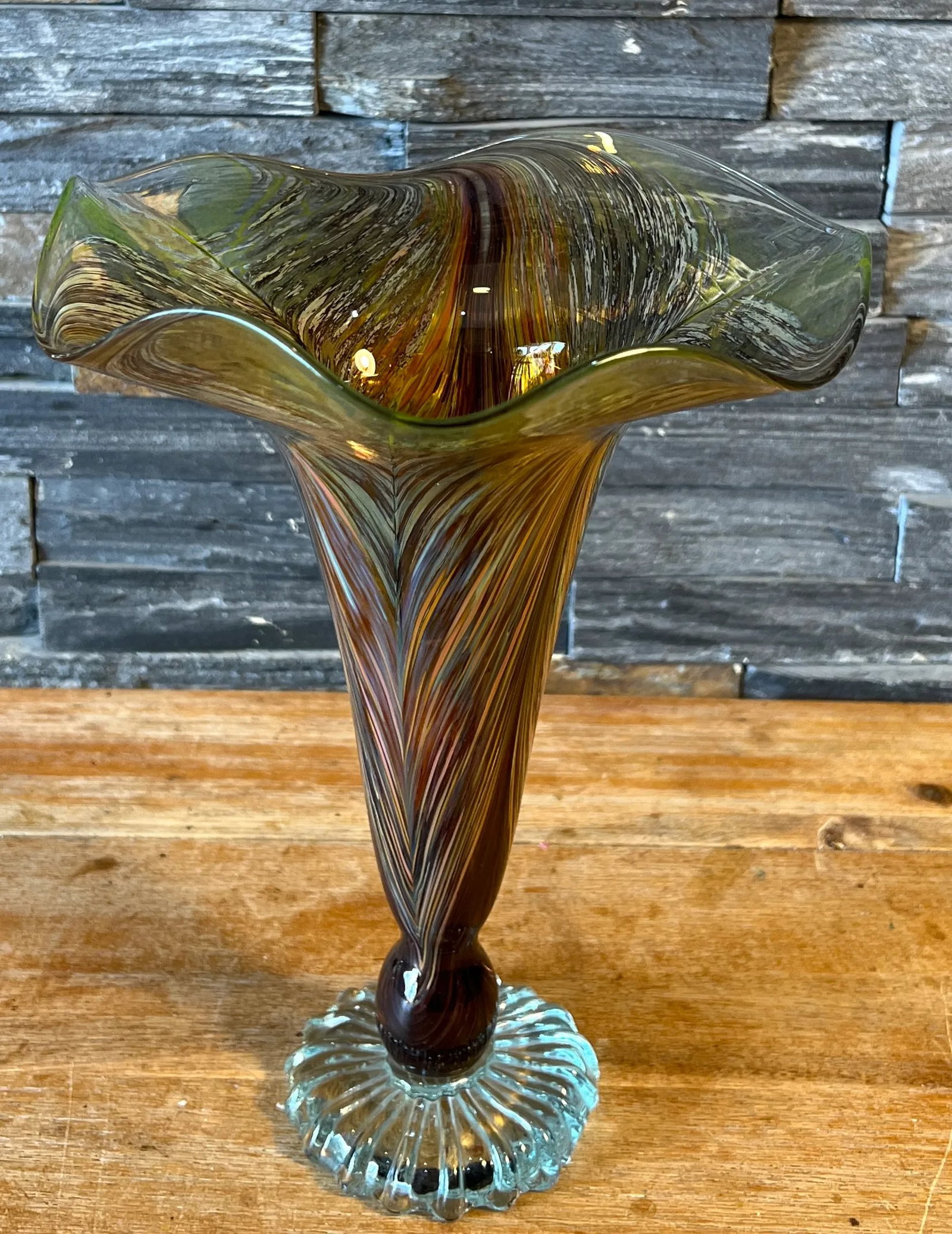 Signed Art Glass Aber Trumpet Vase - 2