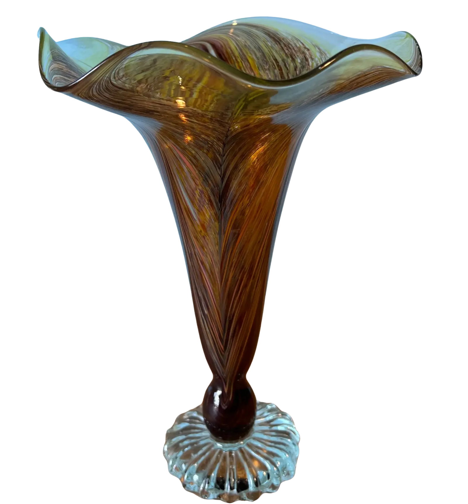 Signed Art Glass Aber Trumpet Vase - 4