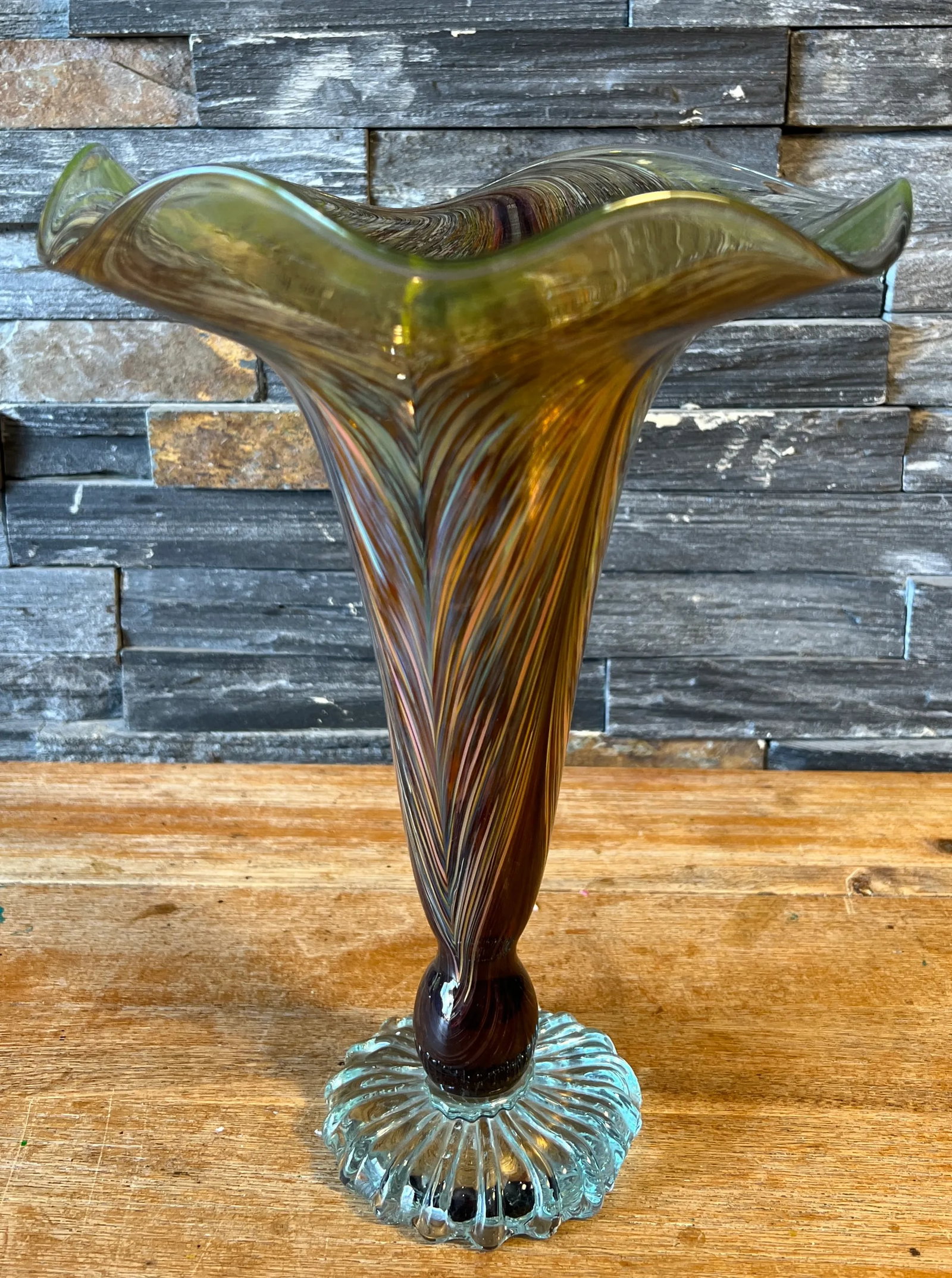 Signed Art Glass Aber Trumpet Vase - 8