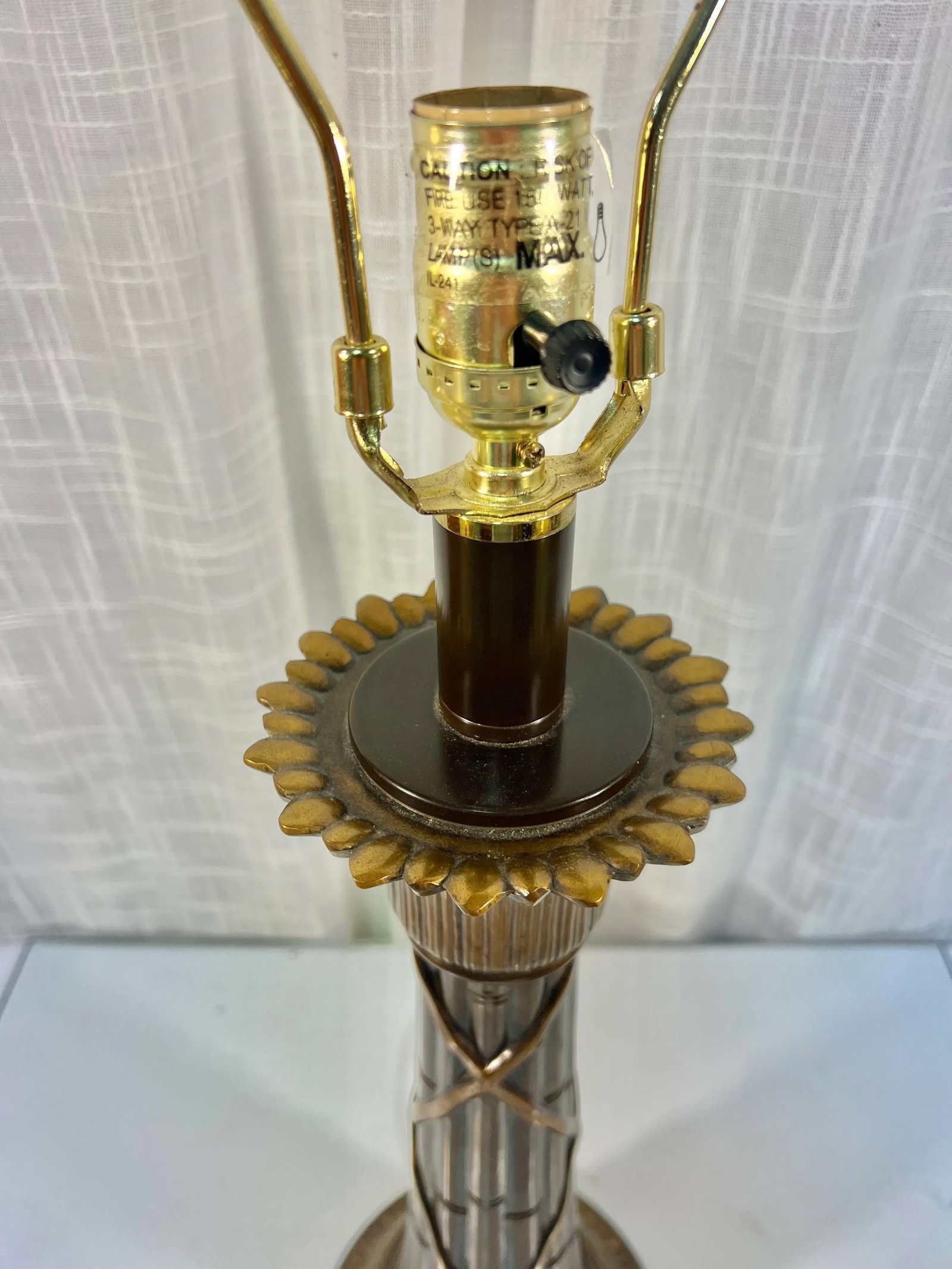 Vintage French Empire Neoclassical Faux Bamboo Tole Column Table Lamp and Empire Pleated Silk Shade - 7