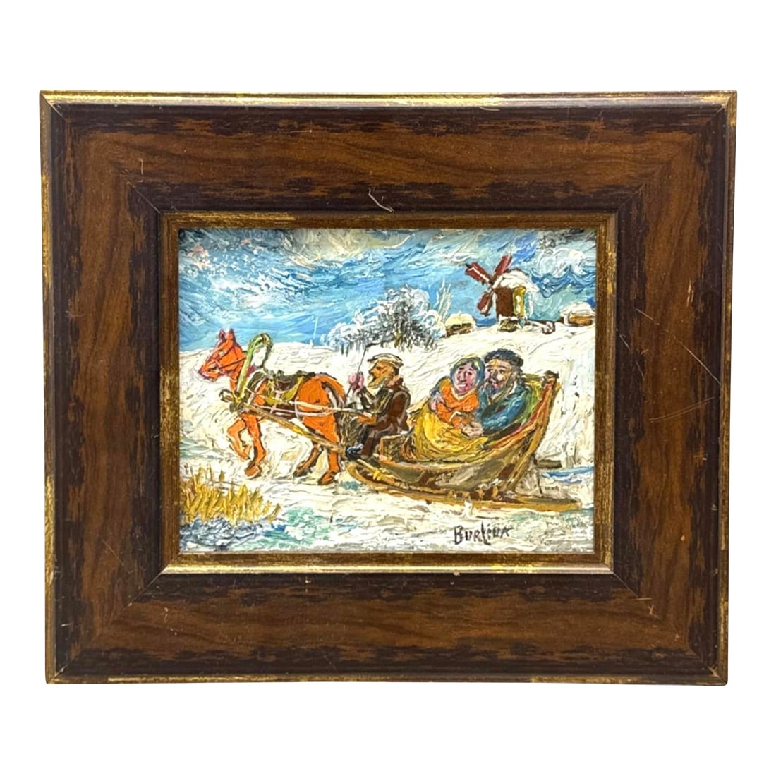 Winter Scene of Couple in a Sleigh by David Burliuk: Winter Scene of Couple in a Sleigh by David Burliuk (Ukrainian, 1882-1967). The painting depicts a couple seated closely together sleigh, bundled against the cold as they glide across a snow-covered