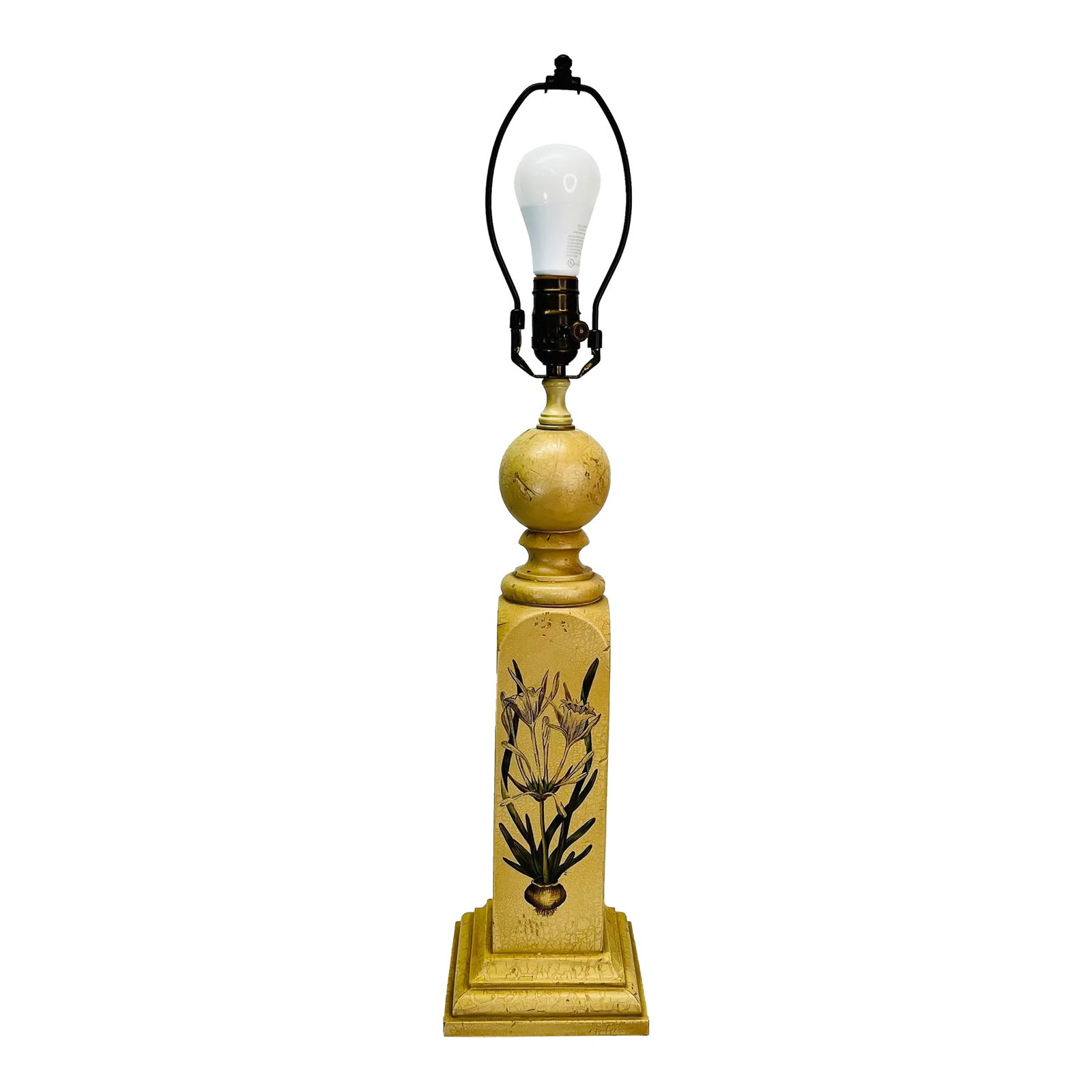 Wildwood Botanical Design Wood Column Table Lamp: Wooden pillar lamp with hand painted botanical design and aged finish on a wood column. Single way switch. Works great. Has new plug and wire with original socket. Marked Wildwood. Measures 6" square 