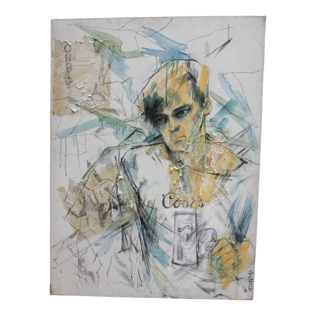 Ek Sigal "Craig" Mixed Media Portrait on Canvas: Mixed Media on canvas entitled 'Craig' by EK Sigal (American, ca. 1970). Composed of charcoal, watercolor, and paper collage. Light grime/soiling to the canvas edges and back, as shown. H: 40" x L: 30