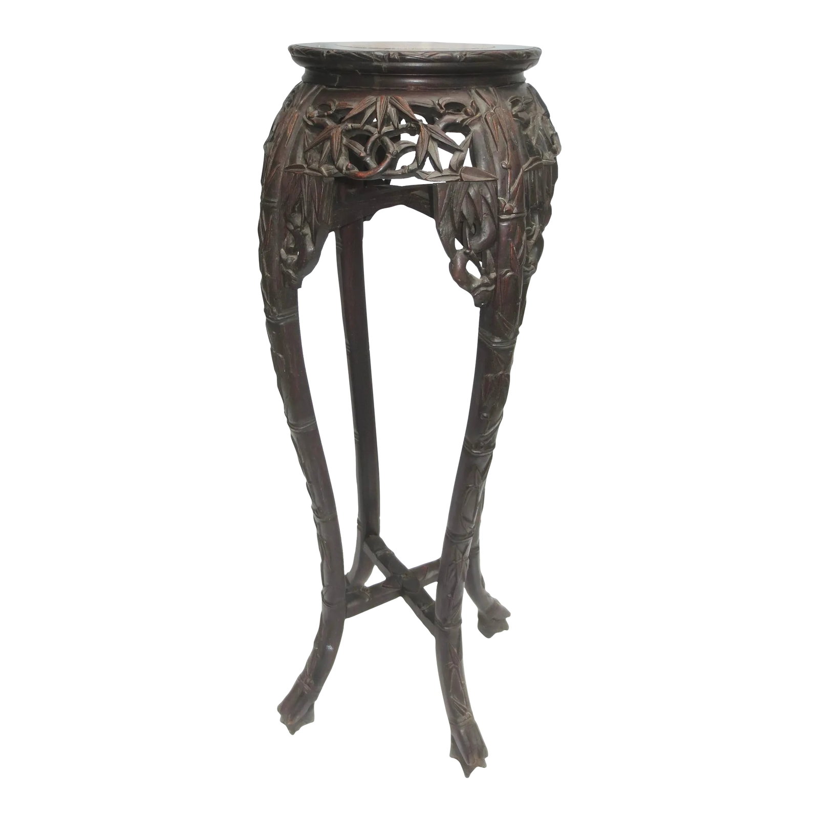 Antique Chinese Vase/Pedestal Table Circa 1920s: Chinese marble inset vase table. Carved in classic Chinese fretwork form with bamboo foliage and bamboo stems intertwined in the apron and legs. The whole form is a reflection of the classic Meiping v
