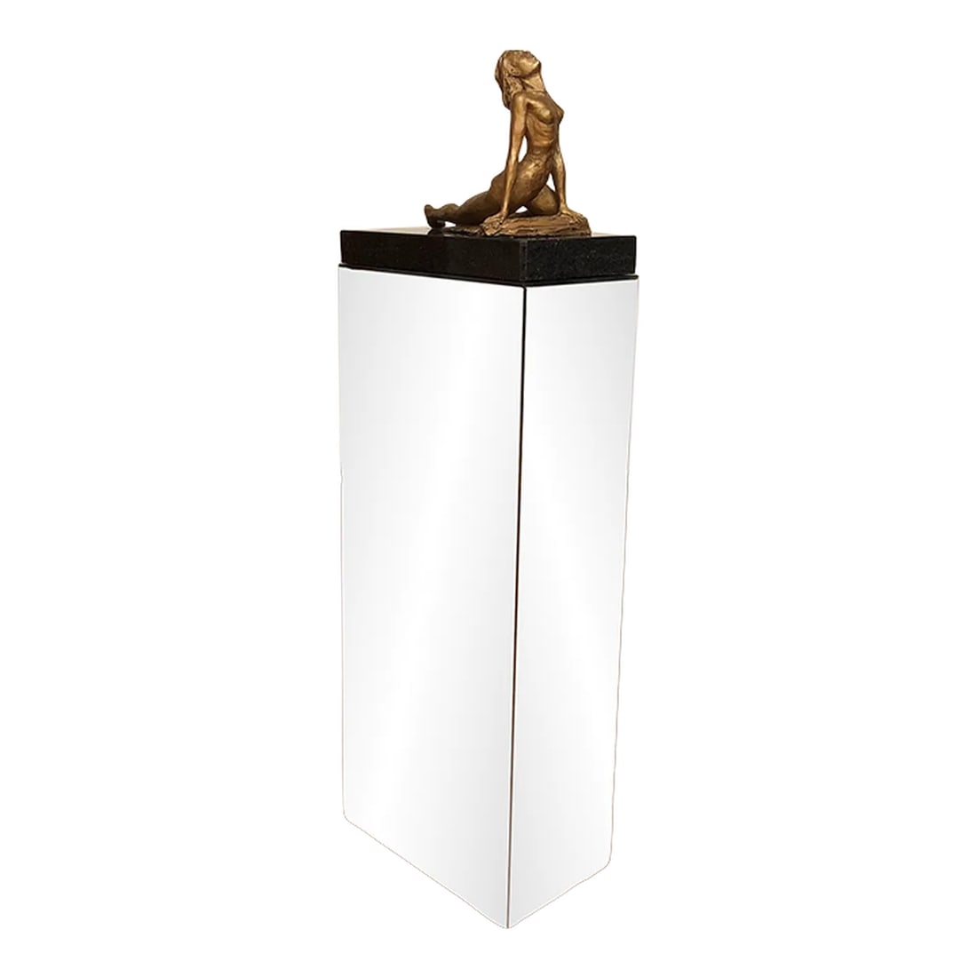 Female Nude Sculpture on a Mirrored Pedestal: Female nude sculpture on a mirrored pedestal base. The resin sculpture is signed and dated '79. It sits on a piece of dark (granite?) stone that simply rests on a rectangular pedestal that is