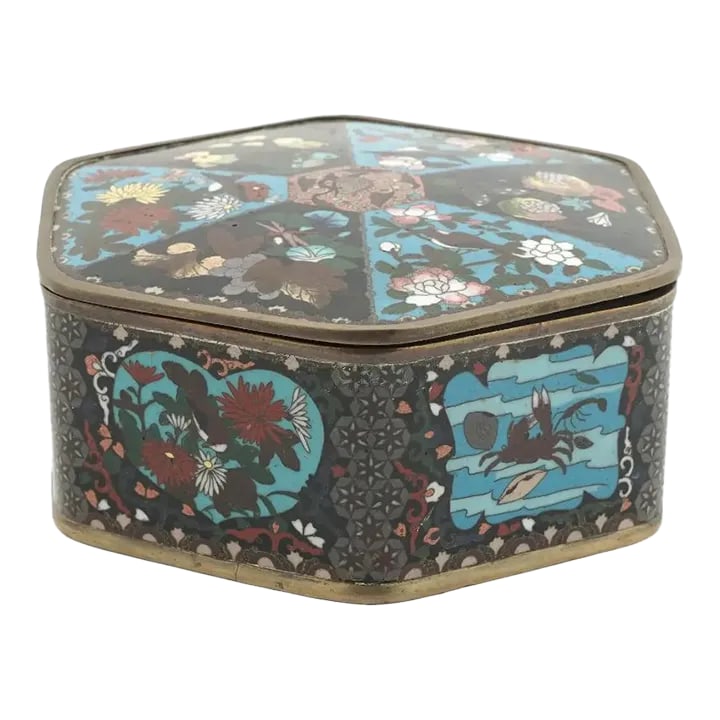 Large Meiji Japanese Cloisonne Enamel Box With Fruits, Sea Life, Birds and Insects (1 of 7)