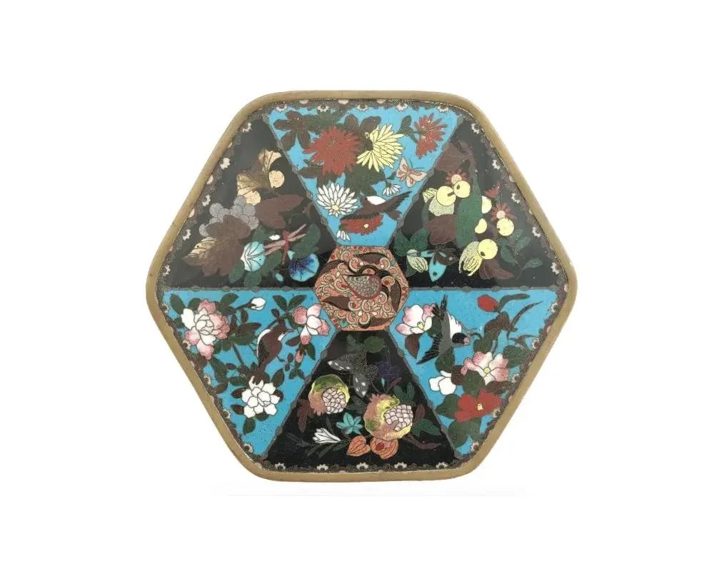 Large Meiji Japanese Cloisonne Enamel Box With Fruits, Sea Life, Birds and Insects - 5