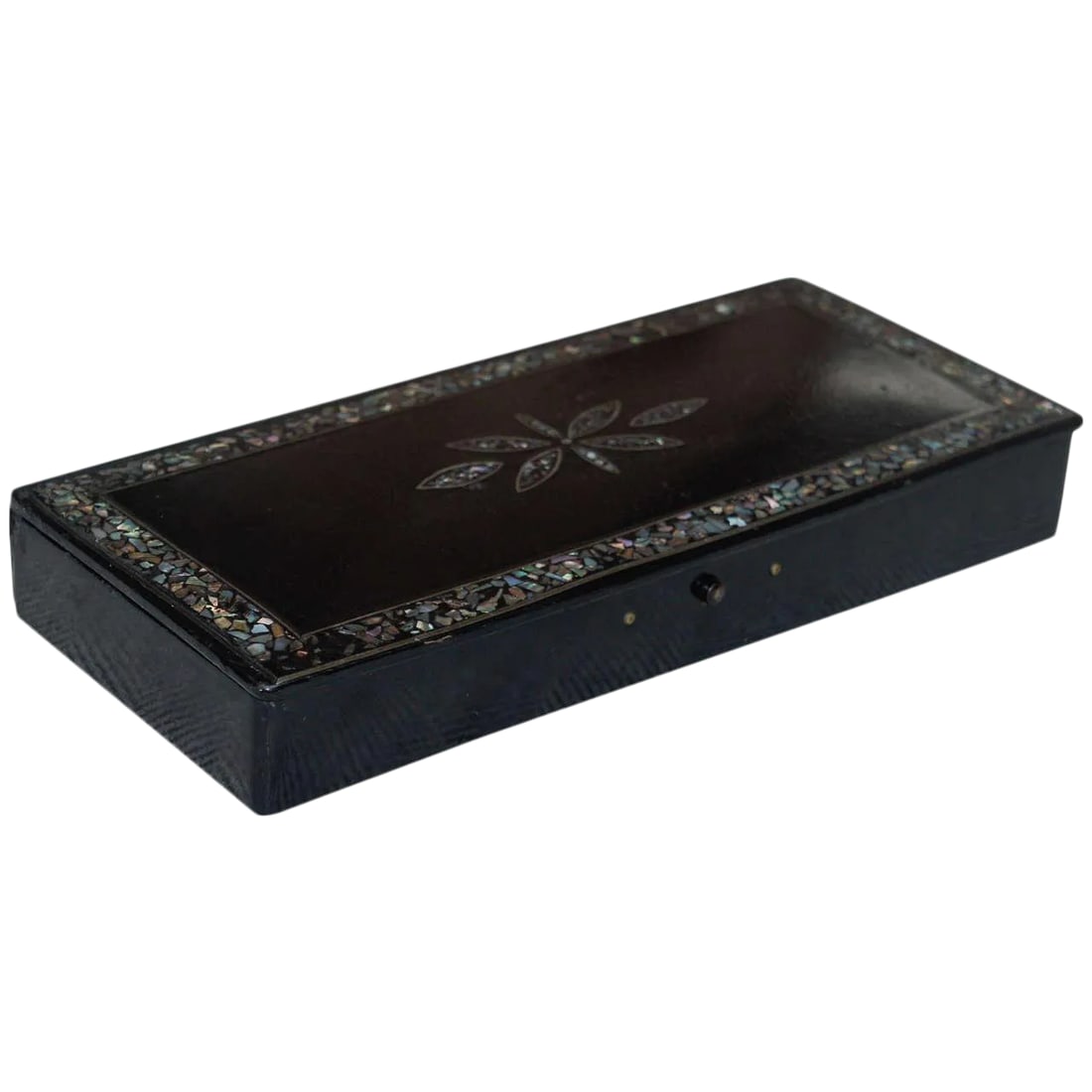 Louis Philippe Papier Mache Mother of Pearl Decoration Lacquer Pen Box: Louis Philippe (circa 1840) papier mache lacquer pen box with mother of pearl decorative inlay. Two interior sections for pens and small button on the outside for opening the box. Condition: