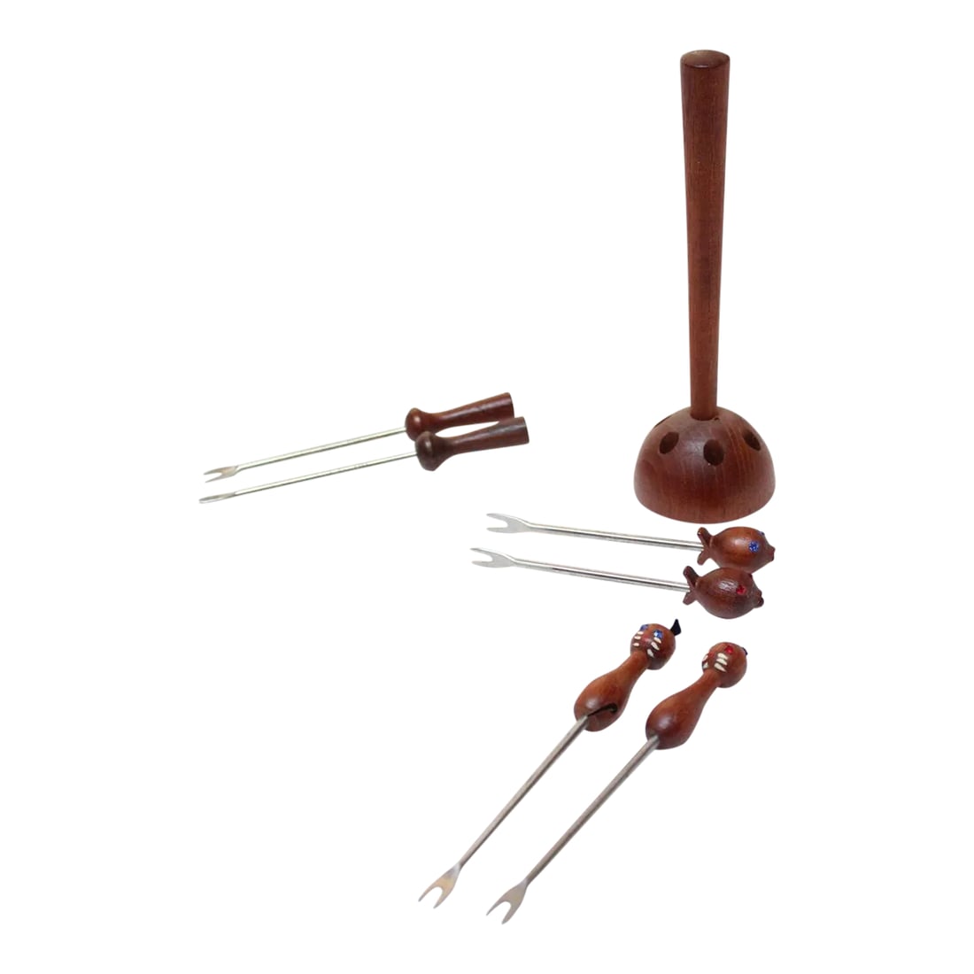 Danish Modern Teak Cat and Fish Cocktail/Hors d'Oeuvres Picks: Danish Modern teak and stainless steel cocktail pick set featuring six pieces and a holder: two cats (one with a tail, one without by design) and two fish, all with blue and red jeweled eyes, and two
