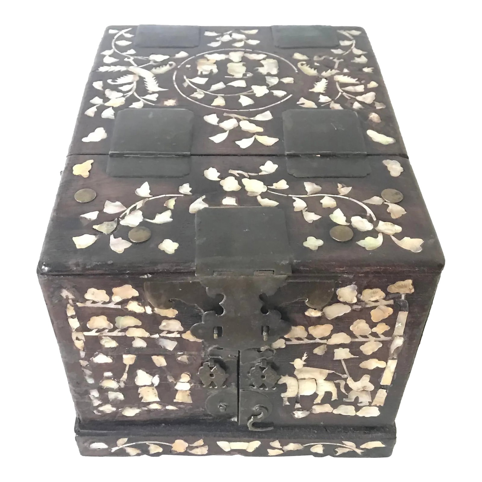 Chinese Qing Dynasty Mother of Pearl Shell Inlay Hardwood Jewelry Box With Shell: Antique Chinese Hardwood Rosewood Jewelry Chest with Shell mother of Pearl inlay. Condition: Alterations: Original Condition Unaltered Imperfections: Some Imperfections Condition Notes: Great