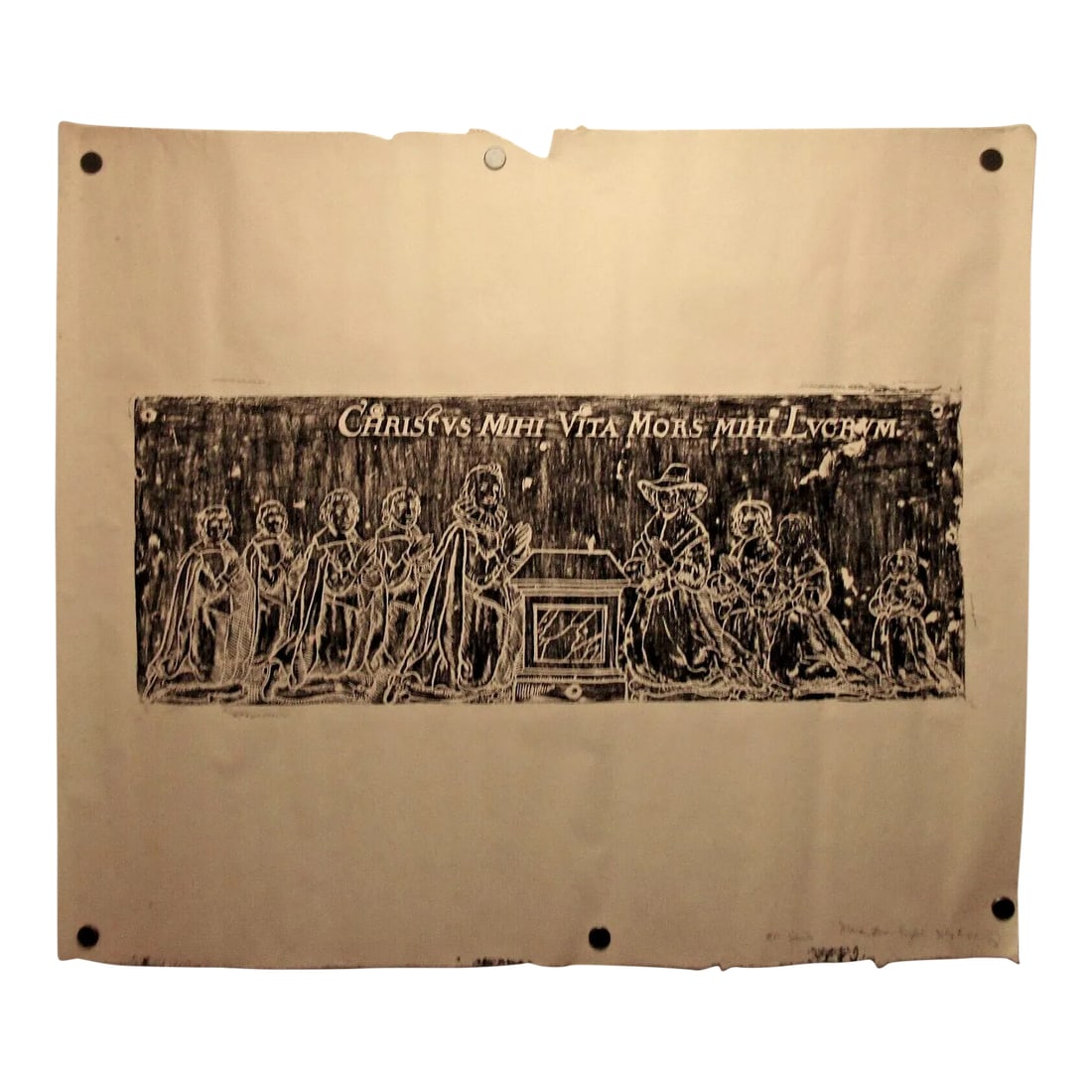 All Saints Maidstone England 1967 Church Rubbing: All Saints Maidstone England 1967 Church Rubbing The black dots are magnets used to photograph. Overall measures 30" wide and 25 3/4" tall. Rubbing measures 29 1/2" wide and 9 1/2" tall. Condition: