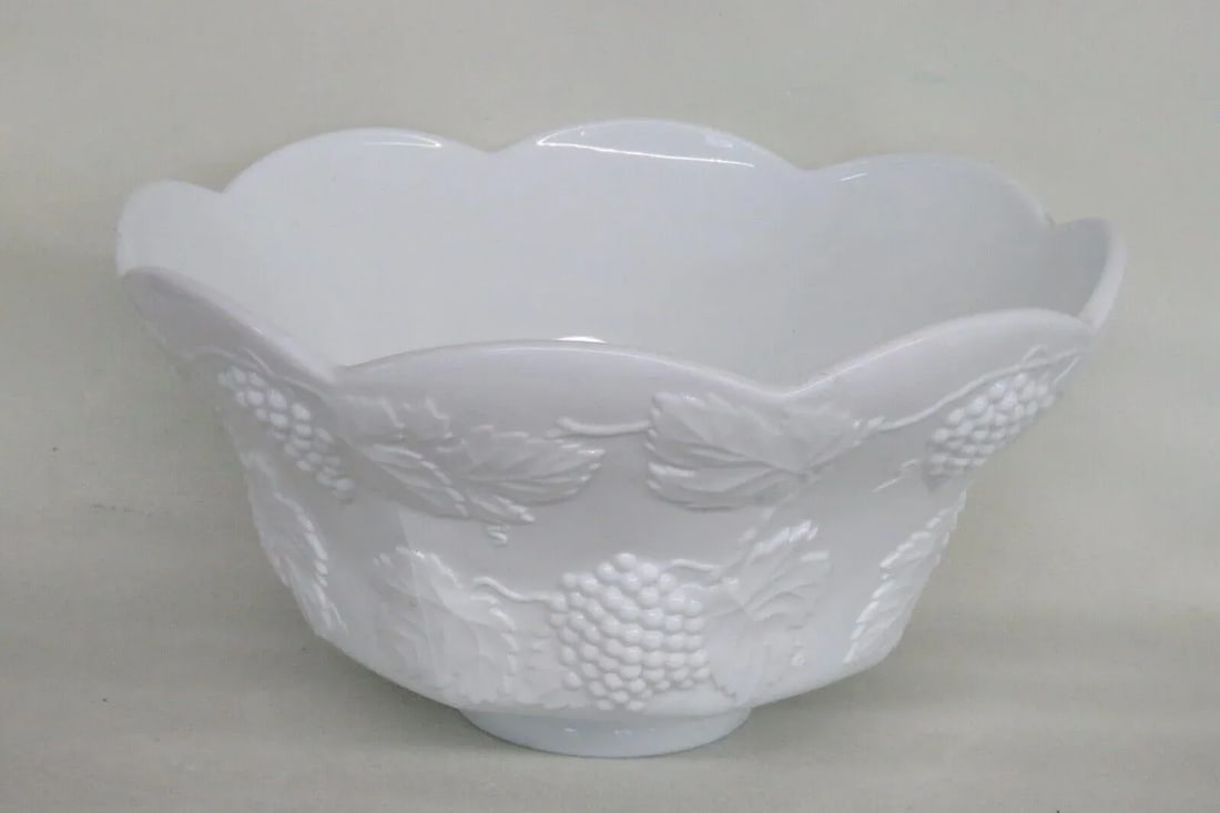 Indiana Style Harvest Grape White Milk Glass Punch Bowl and 12 Cups Set - 2