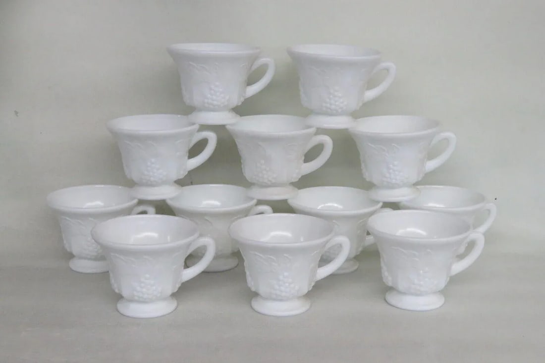 Indiana Style Harvest Grape White Milk Glass Punch Bowl and 12 Cups Set - 3