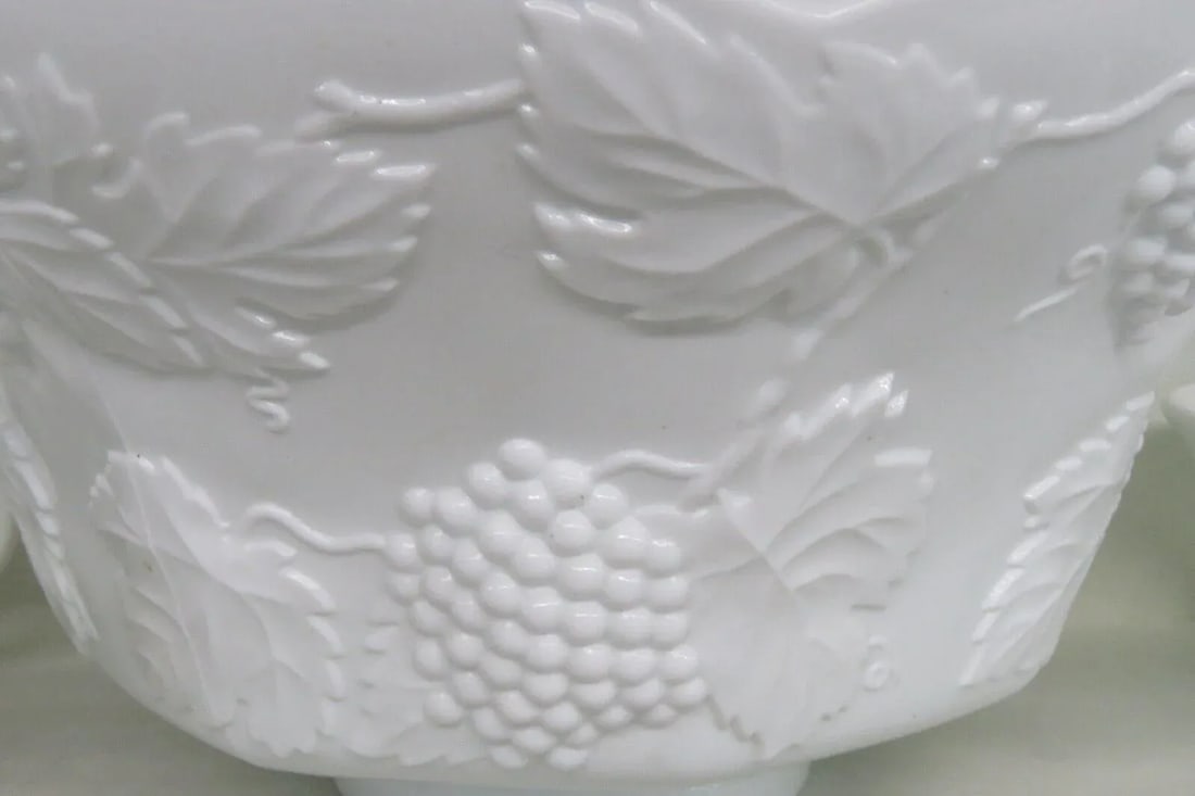 Indiana Style Harvest Grape White Milk Glass Punch Bowl and 12 Cups Set - 4