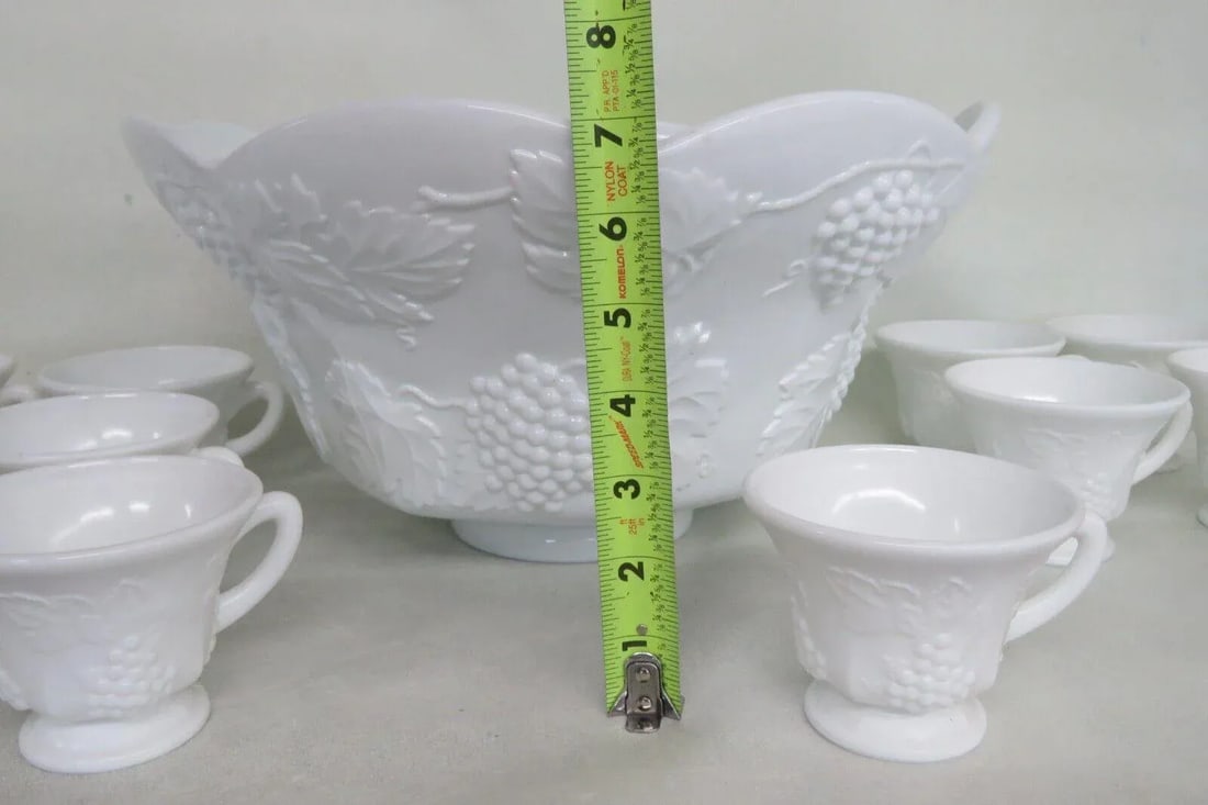 Indiana Style Harvest Grape White Milk Glass Punch Bowl and 12 Cups Set - 8