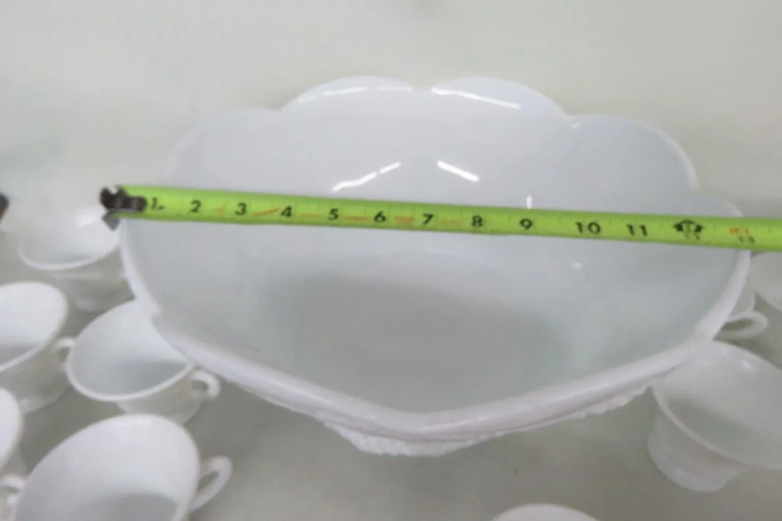 Indiana Style Harvest Grape White Milk Glass Punch Bowl and 12 Cups Set - 9