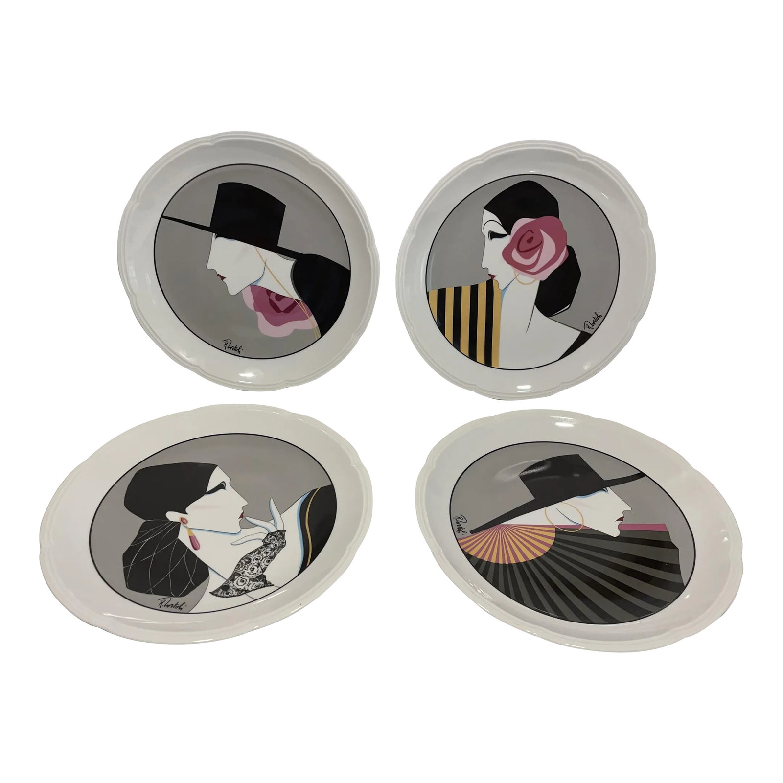 Late 20th Century White Porcelain Art Deco Dinner or Dessert Plates - Set of 4: Very glam with a bit of drama! A set of white porcelain signed art plates from the 1980s in the Art Deco style. Condition: Alterations: Original Condition Unaltered Imperfections: Some Imperfections
